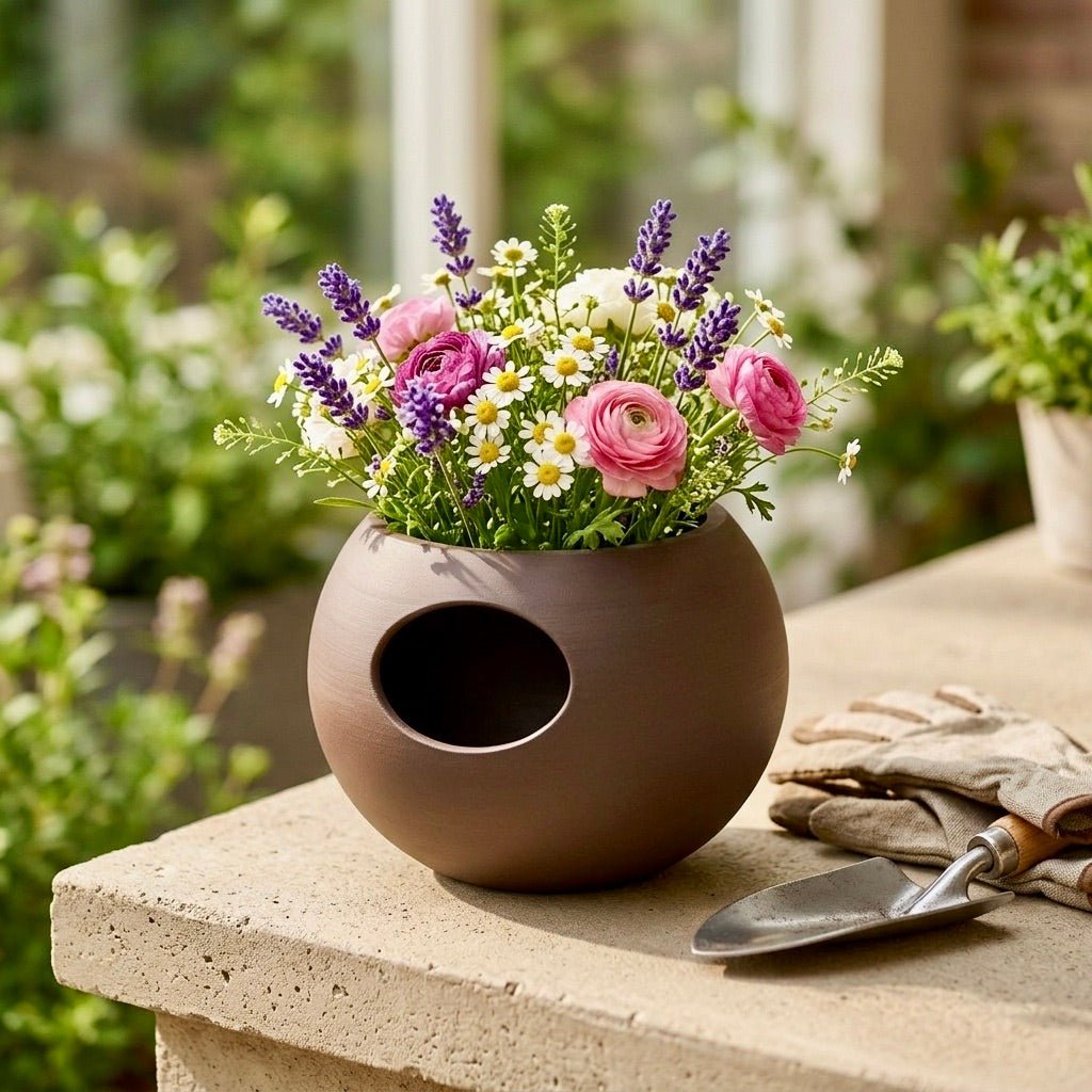 Dark Brown Self-Watering Sphere Planter with small green houseplant – modern indoor plant pot