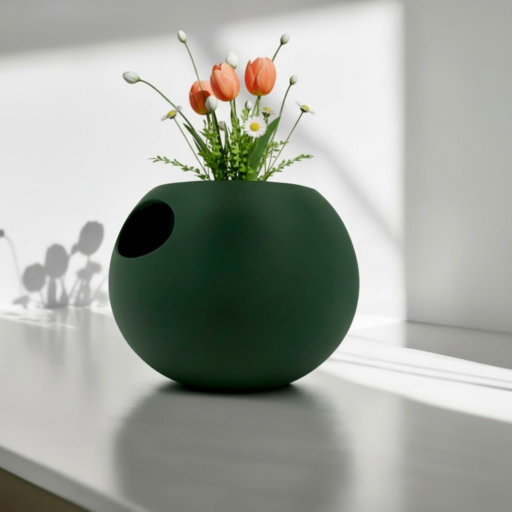 Green Self-Watering Sphere Planter styled on dining table – modern sculptural planter