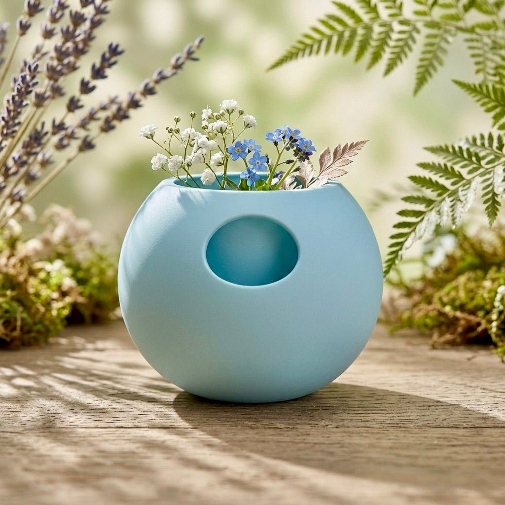 Ice Blue Self-Watering Sphere Planter with houseplant – modern sphere-form pot with side opening