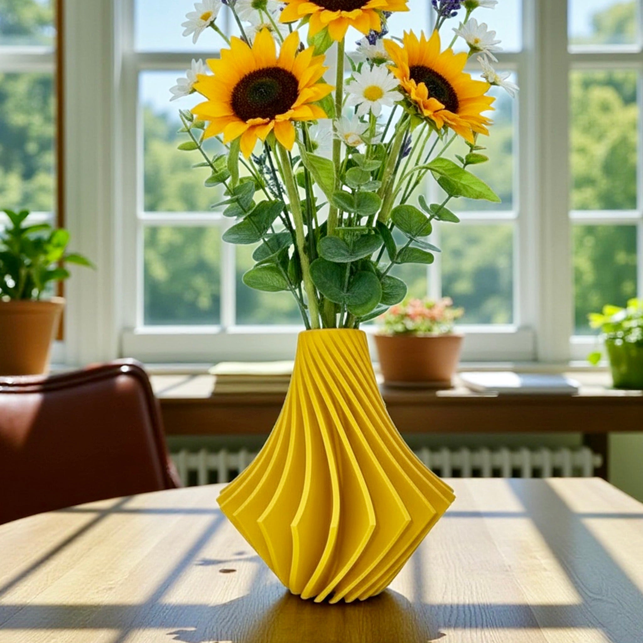 Spiral Vase twisted spiral detail – yellow geometric ridge pattern sculptural decor