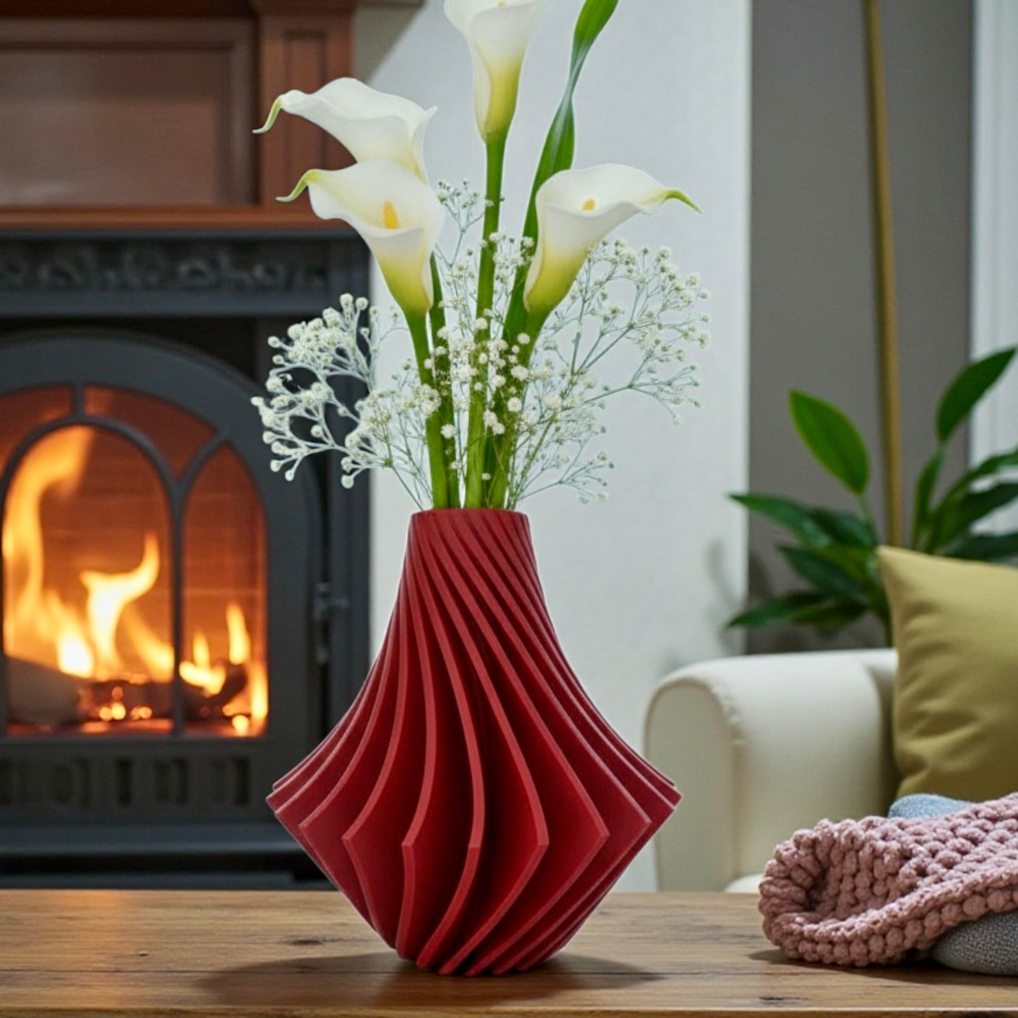 Spiral Vase twisted spiral detail – red geometric ridge pattern sculptural decor