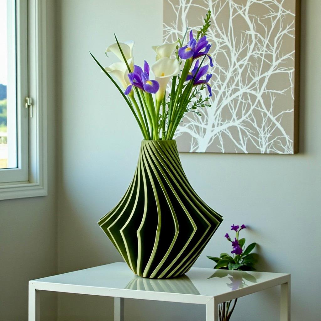 White Spiral Vase styled in modern interior – geometric spiral centerpiece