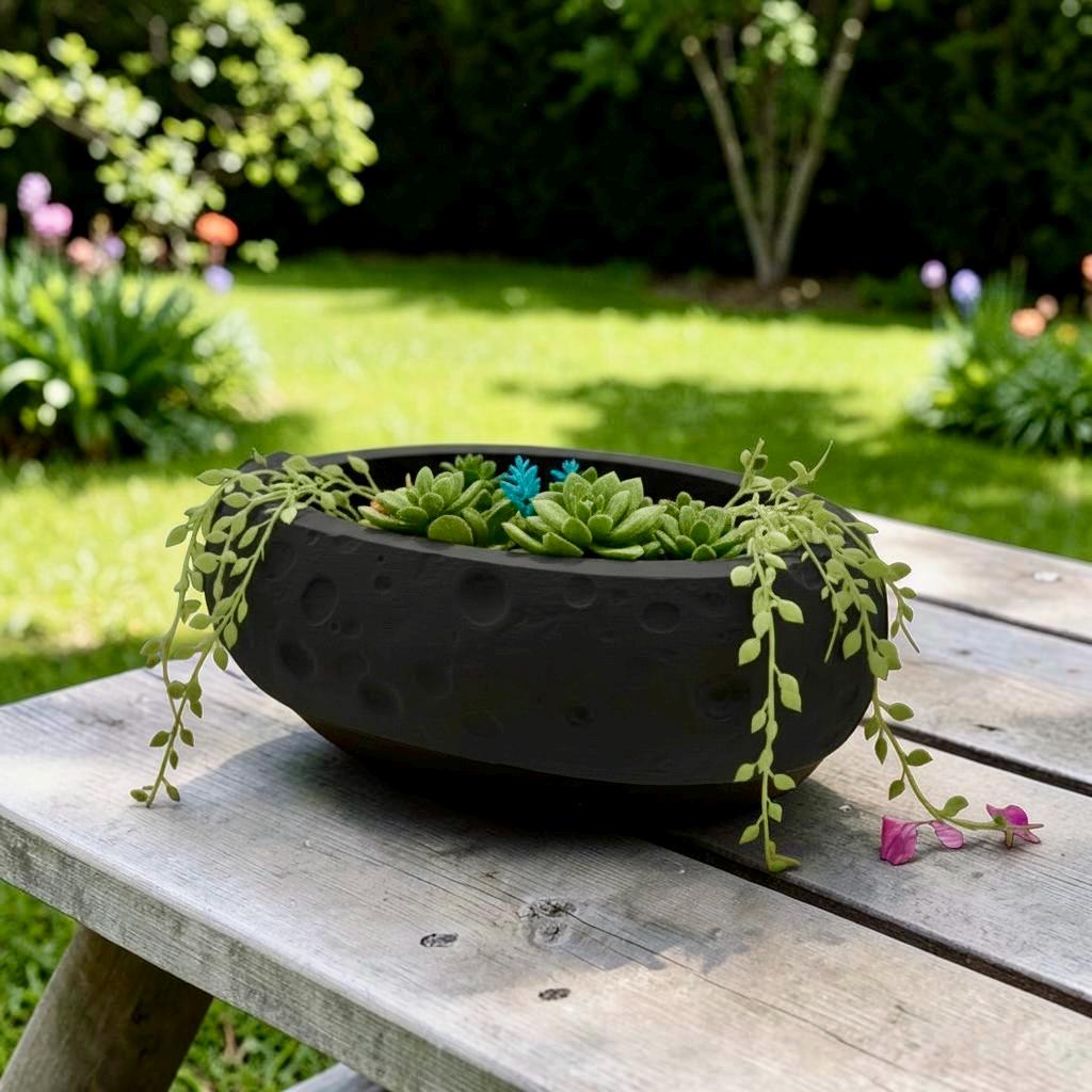 Moon Terrain Modern Planter 10in Wide Desktop Succulent Bowl Lunar Decor Indoor Pot Office Gift - Pashmation