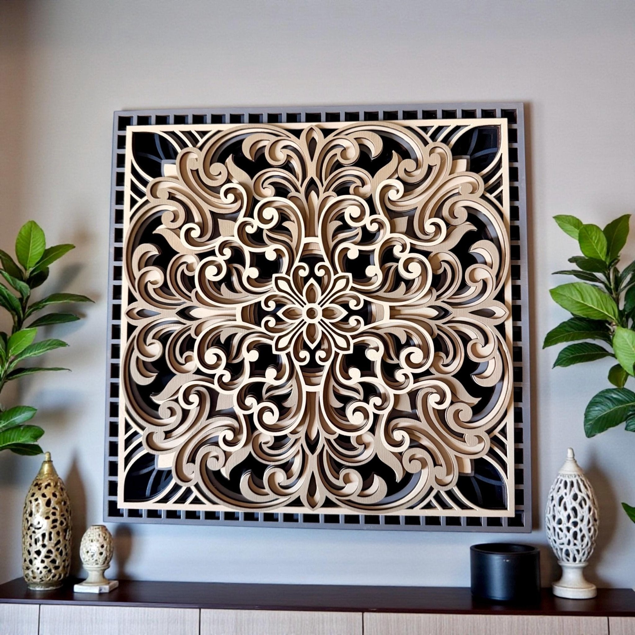Nocturne Rosette Layered Wood Wall Art Laser Cut Hand Painted - PashmationWall Décor
