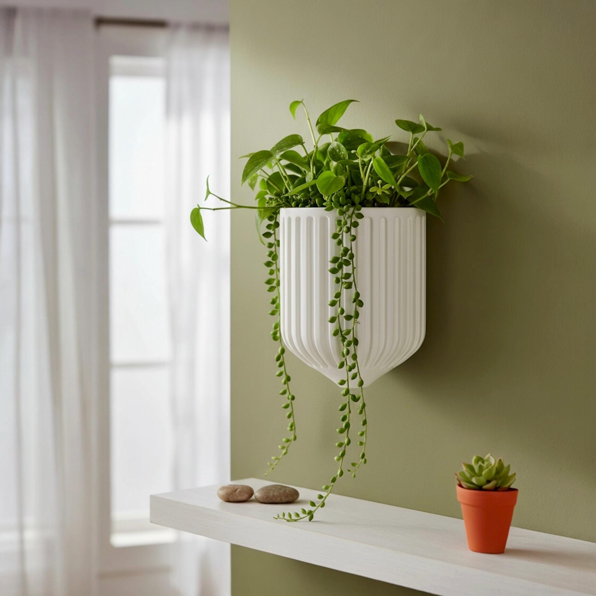 White Nordic Wall Vase with trailing pothos – ribbed sculptural wall-mounted decor