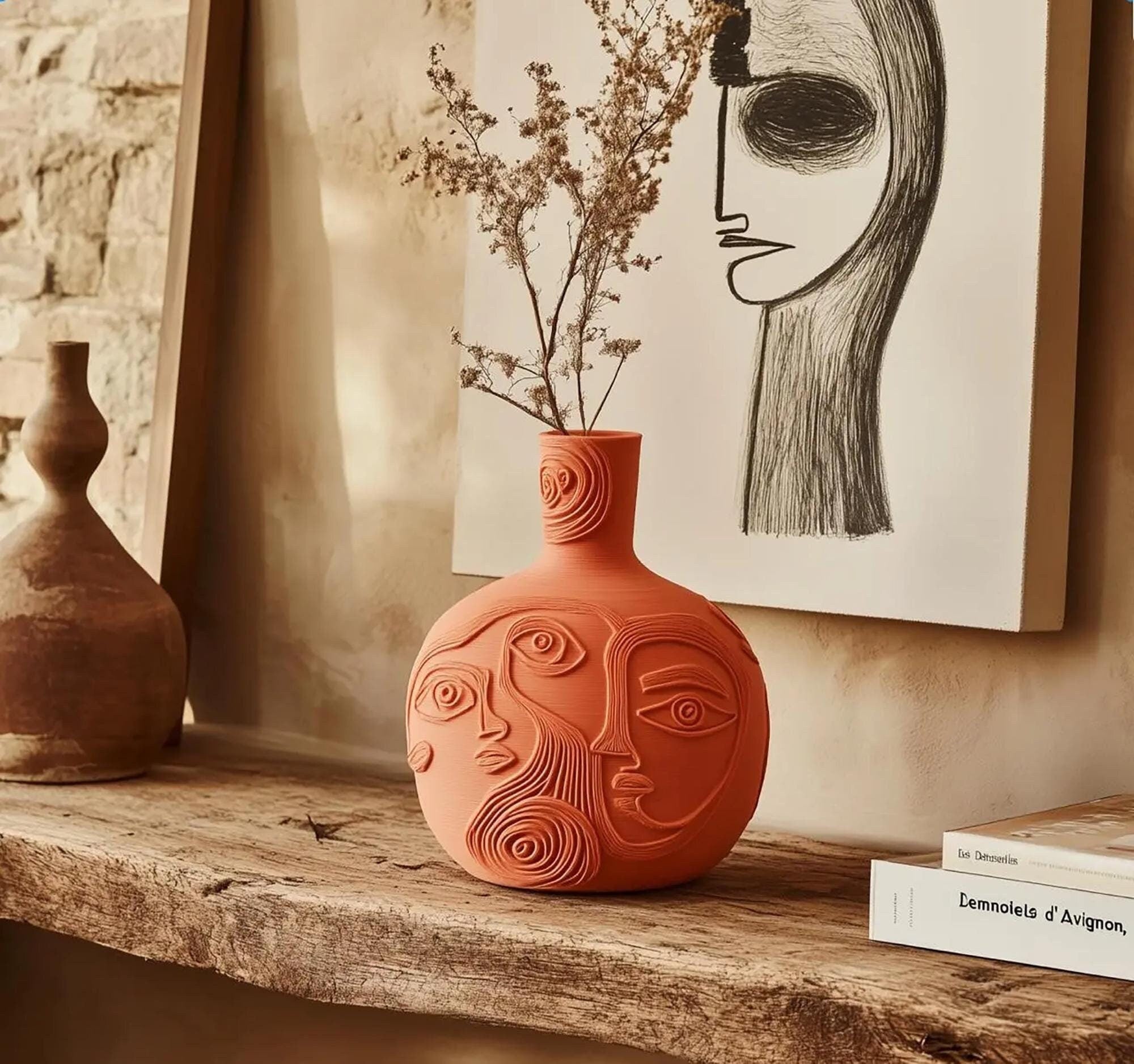 Terracotta Picasso Face Vase with dried botanicals – wide disc sculptural art centerpiece