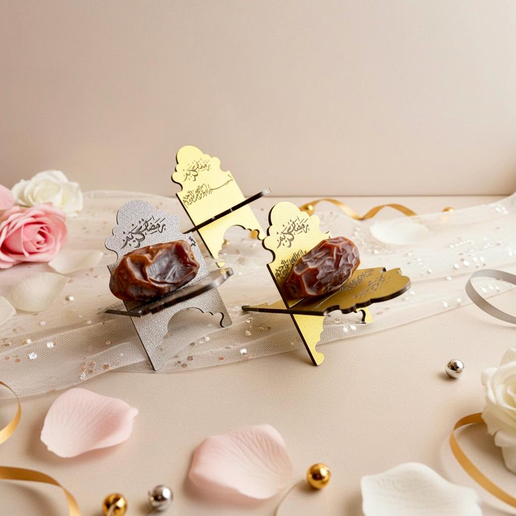 Silver Ramadan date holder close-up – engraved acrylic Bismillah iftar stand