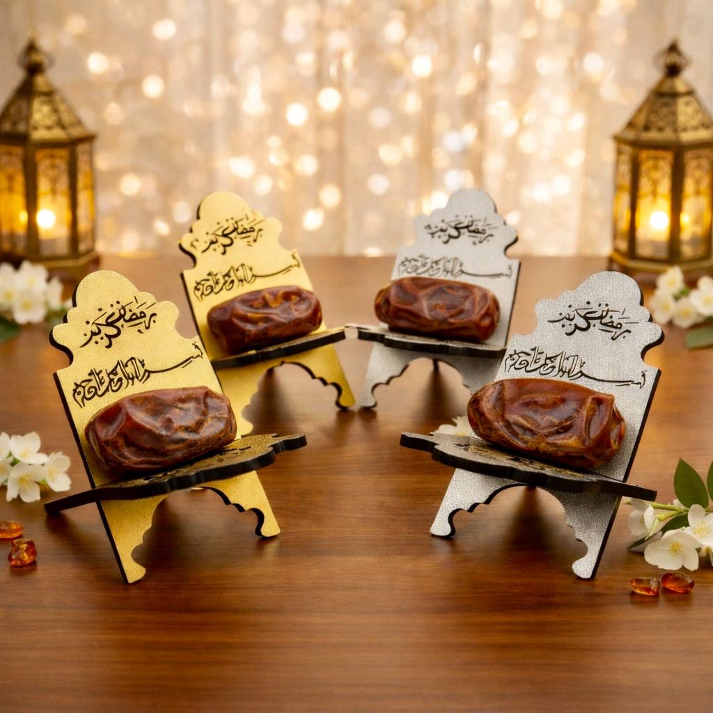 Ramadan date holder set on iftar table – gold and silver acrylic with dates and lanterns