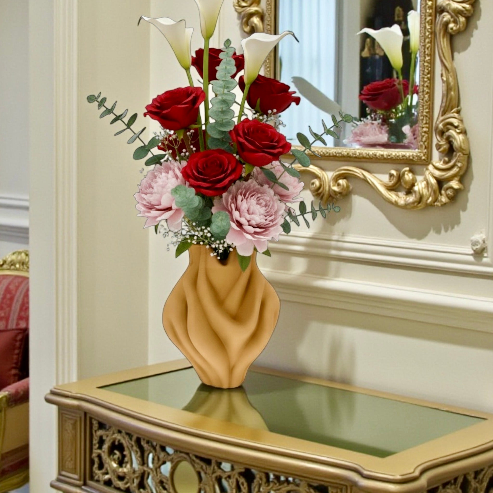 Tan Ripple Bubblegum Vase with floral arrangement – modern sculptural decor