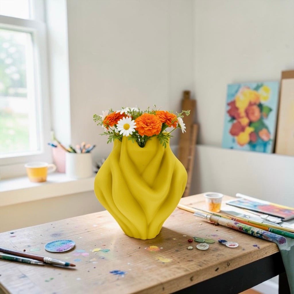 Tan Ripple Bubblegum Vase styled with branches – bulbous sculptural decor