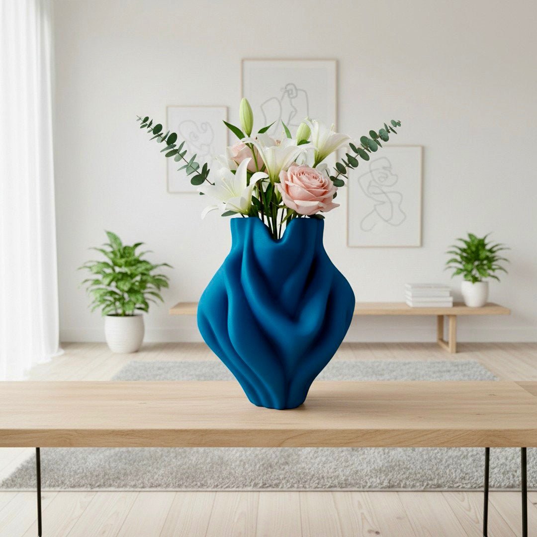 Blue Ripple Bubblegum Vase on console – bulbous sculptural decor