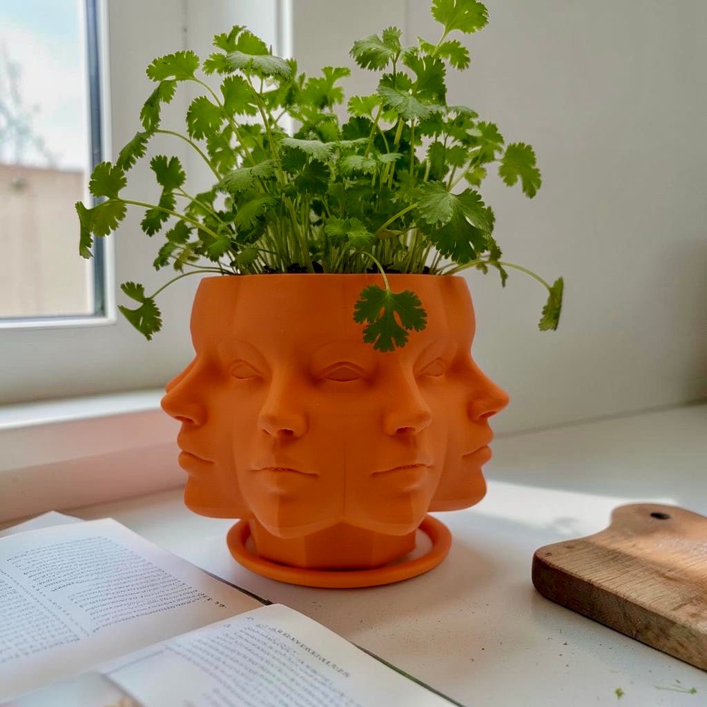 Orange Multi-Face Planter styled with houseplant – figural sculptural decor