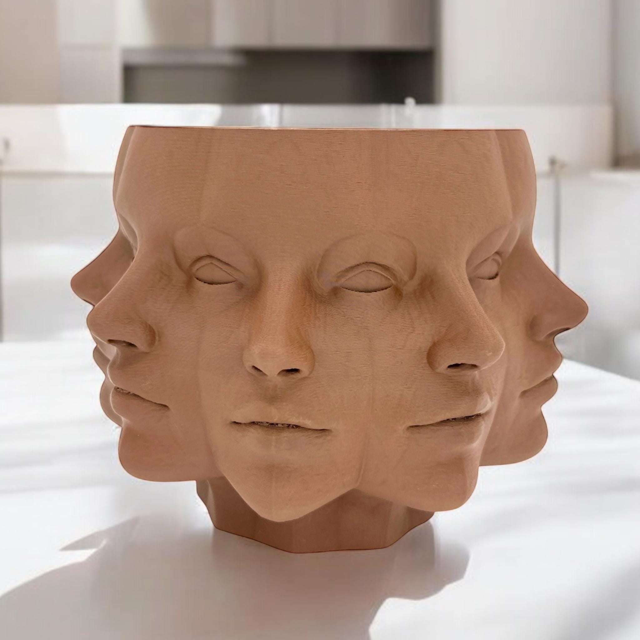 Brown Multi-Face Planter – multi-face portrait relief sculptural planter