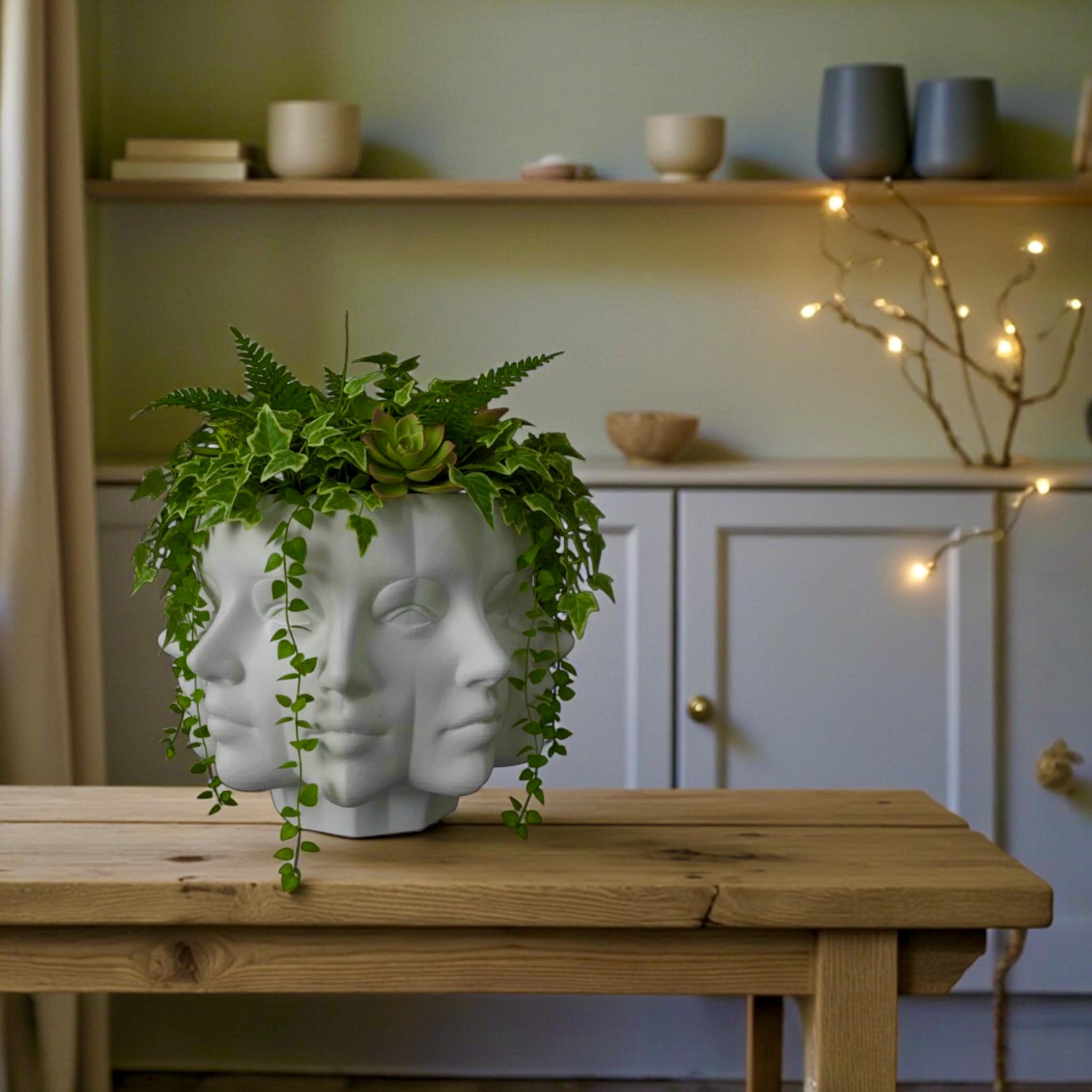 Grey Multi-Face Planter – multi-face portrait relief sculptural planter