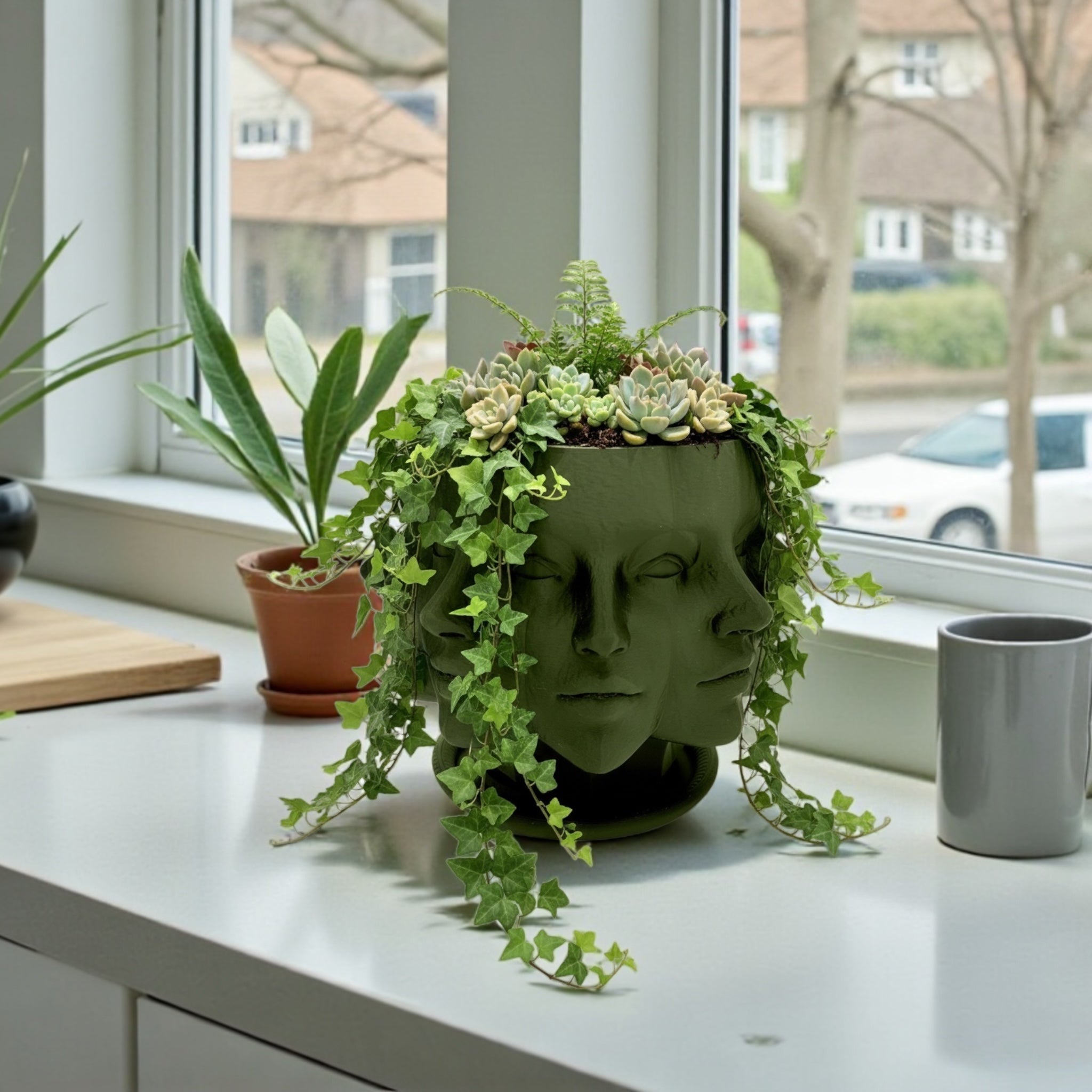 Olive Multi-Face Planter styled with houseplant – figural sculptural decor