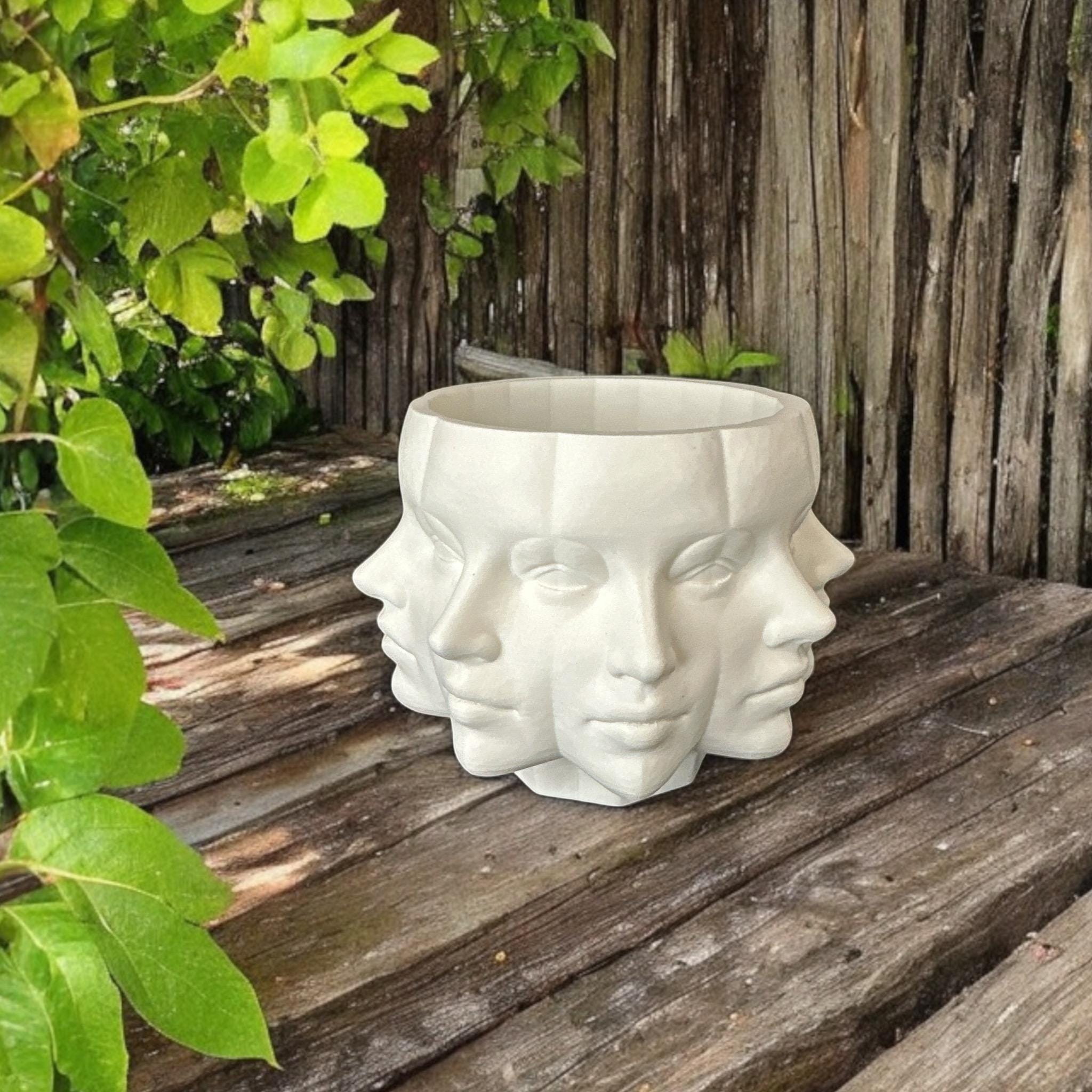 White Multi-Face Planter on weathered wood – sculptural figural planter with drainage