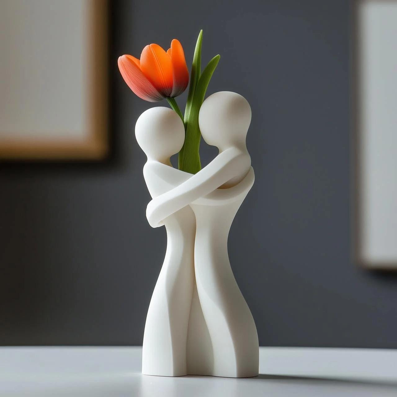 White Embrace Vase styled with dried botanicals – figural love symbol decor