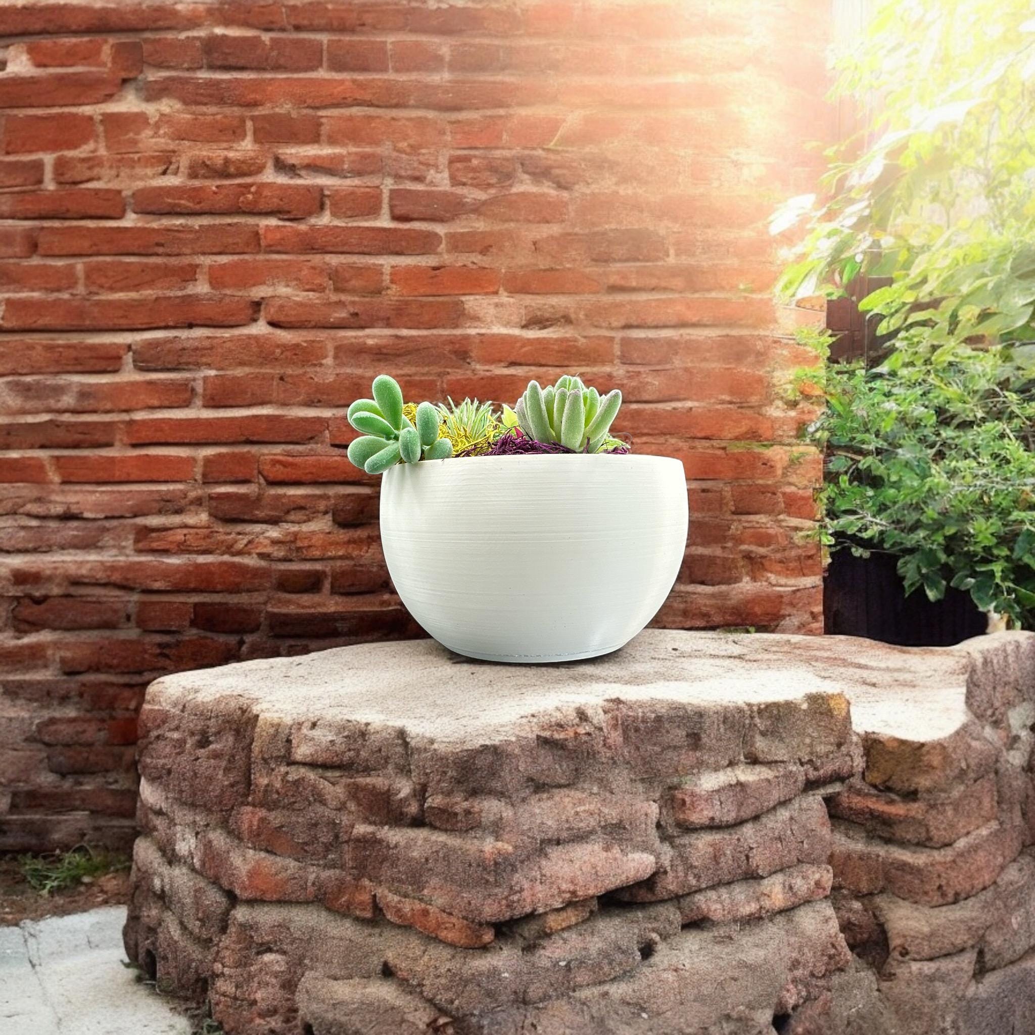 White Multi-Plant Self-Watering Planter on brick ledge – 3-section bowl-form indoor pot