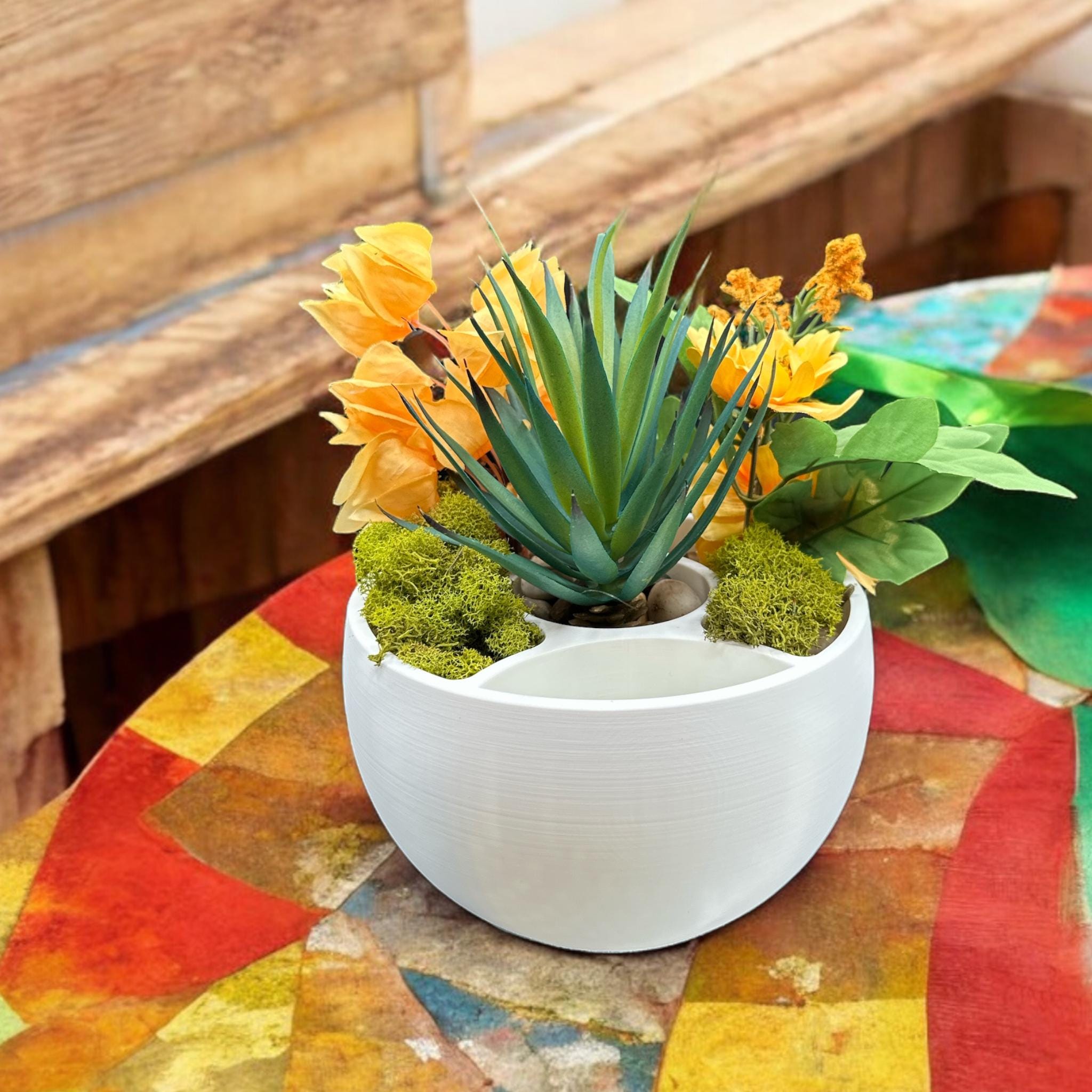 White Multi-Plant Self-Watering Planter on windowsill with succulents – 3-section indoor pot