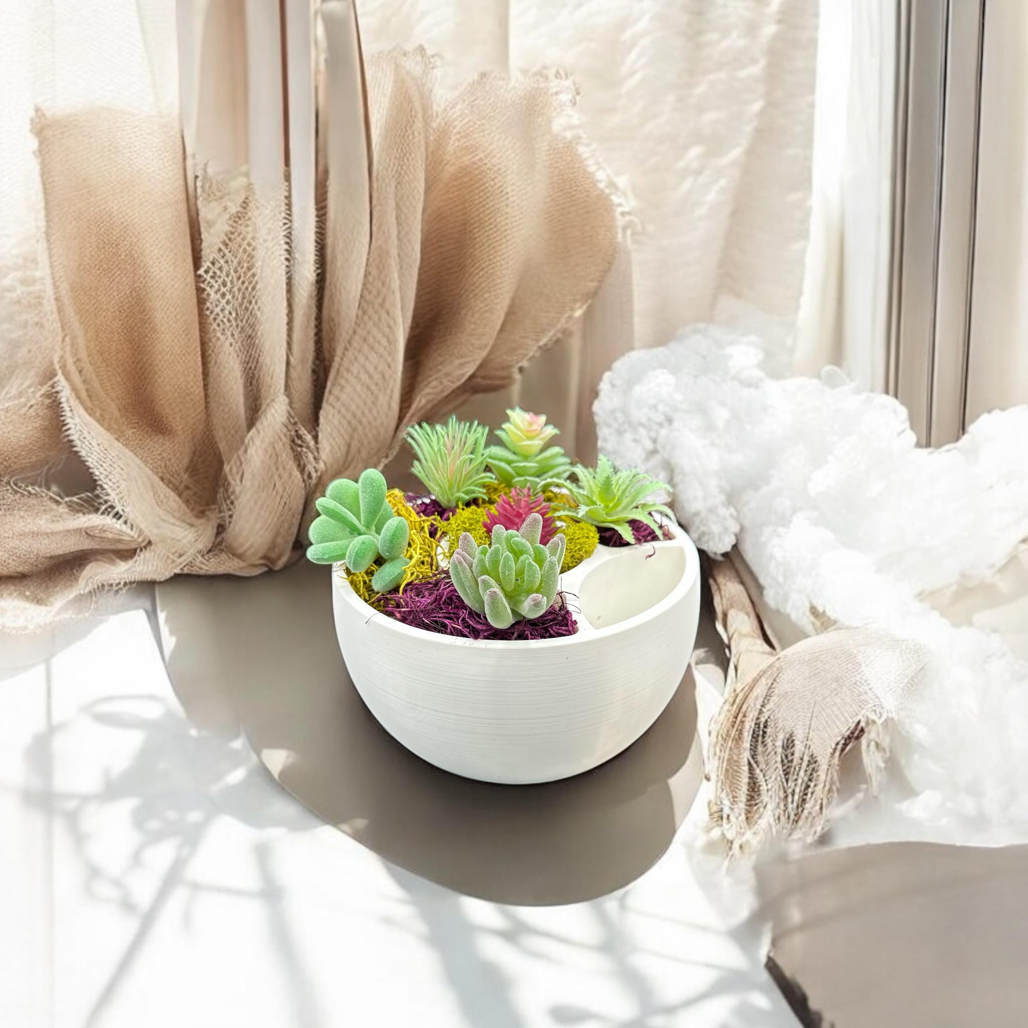 White Multi-Plant Self-Watering Planter on windowsill with succulents – 3-section indoor pot