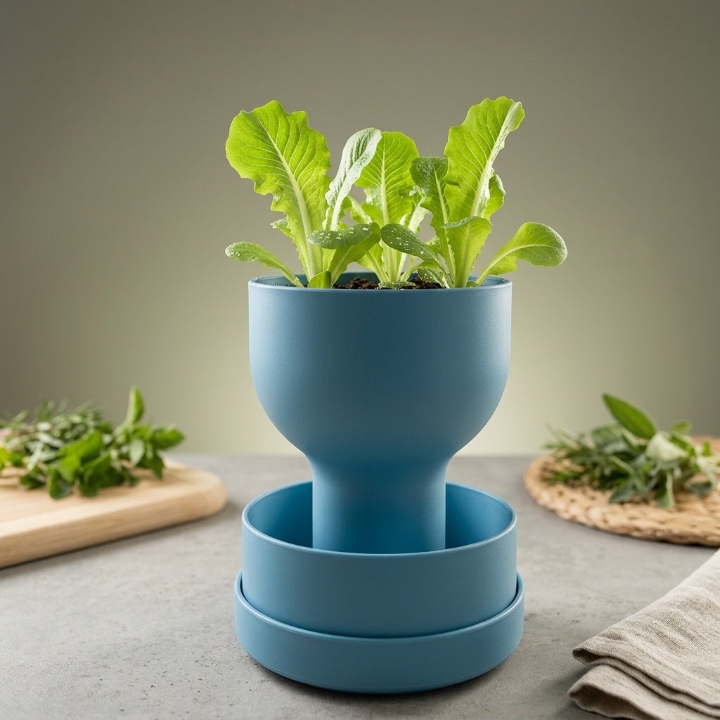 Blue self-watering planter with modern reservoir design by Pashmation