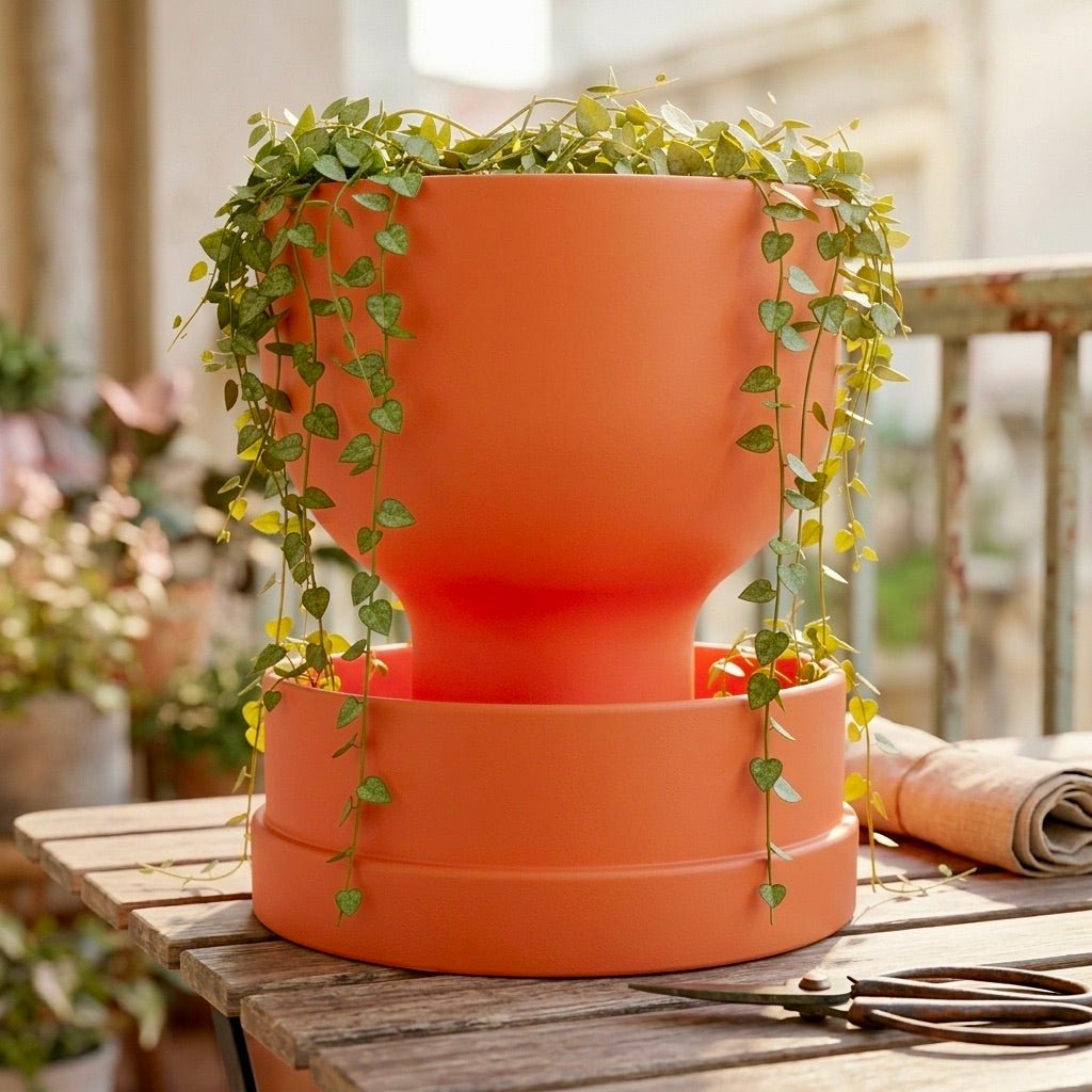 Orange self-watering planter with modern reservoir design by Pashmation