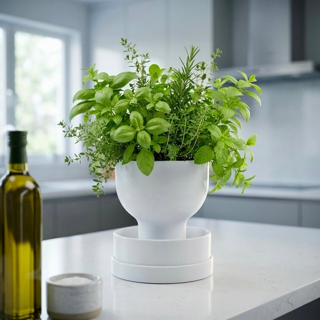 White self-watering planter with modern reservoir design by Pashmation