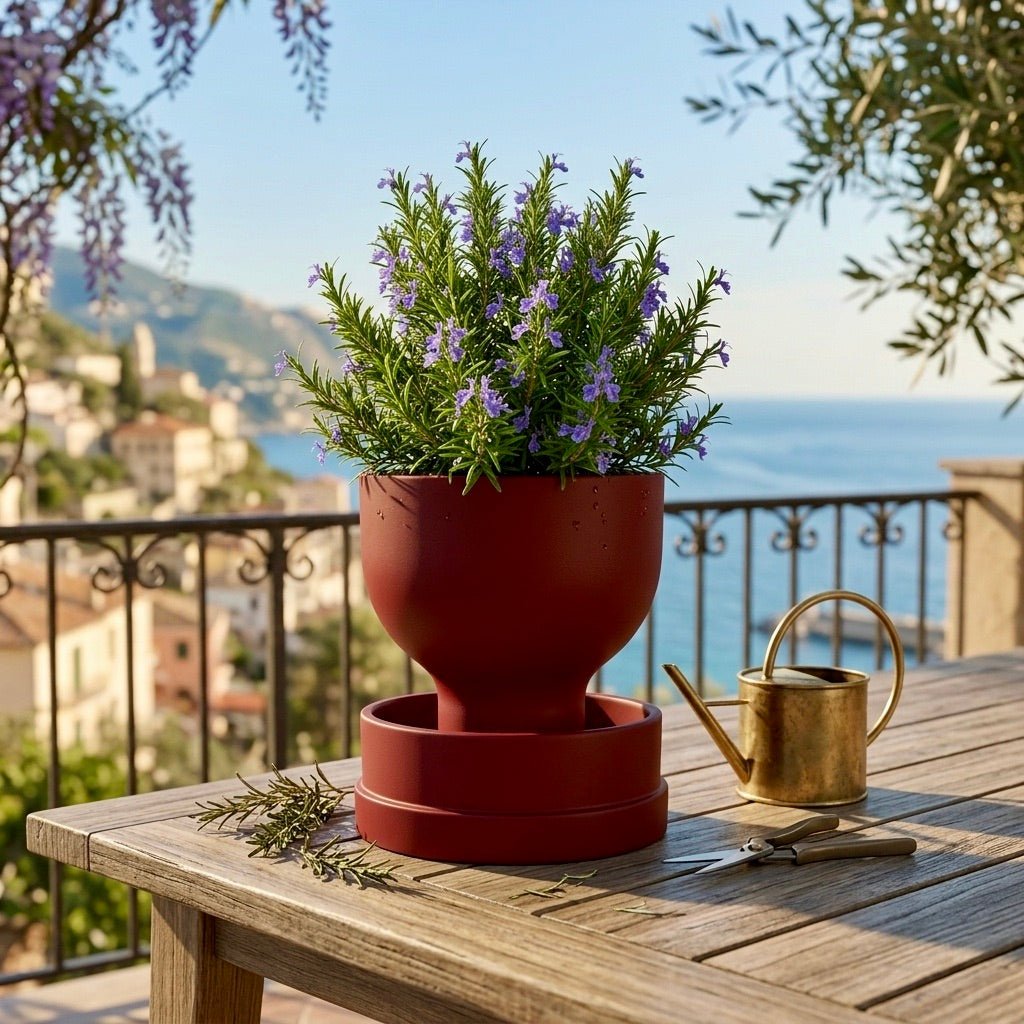 Brown self-watering planter with modern reservoir design by Pashmation