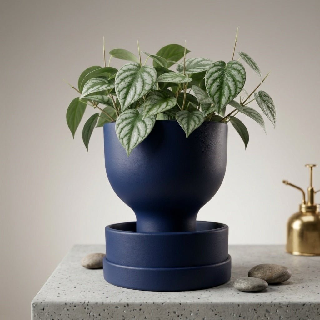 Black self-watering planter with modern reservoir design by Pashmation