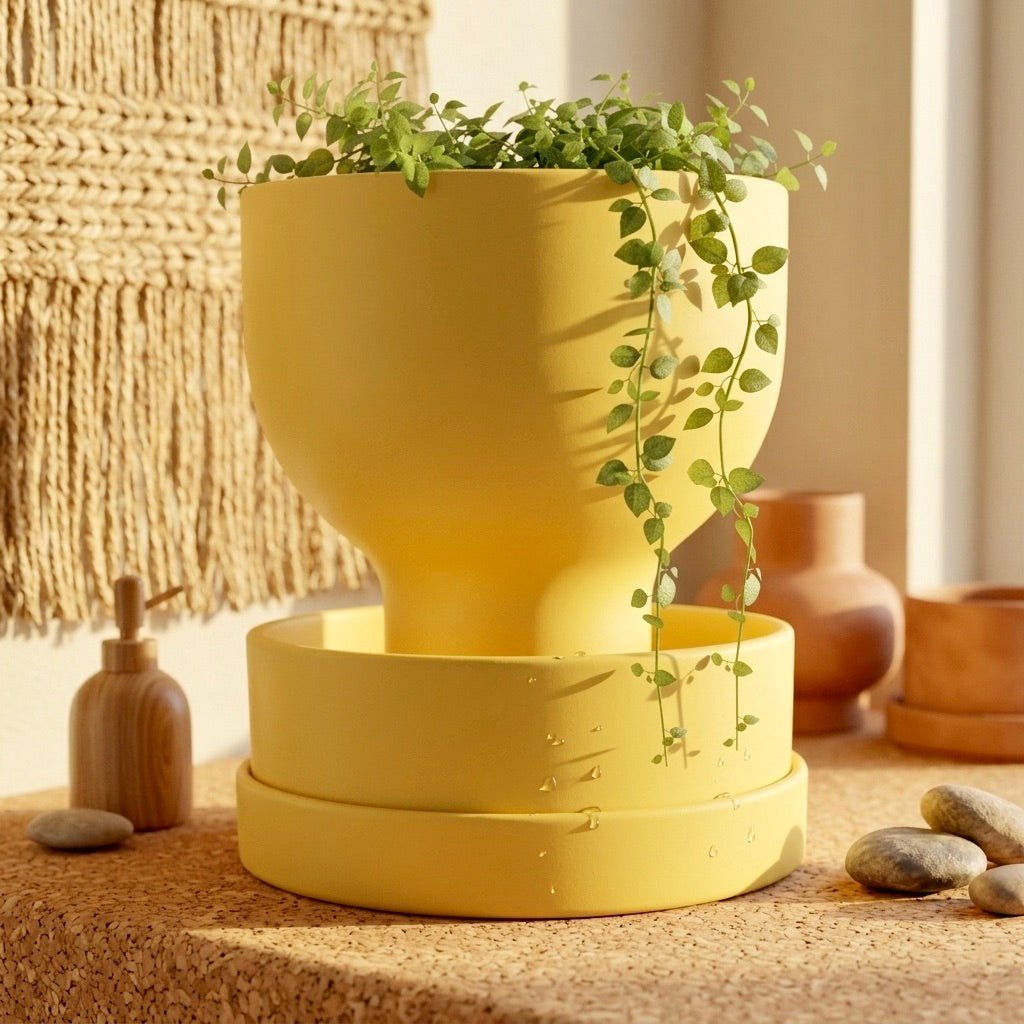 Yellow self-watering planter with modern reservoir design by Pashmation