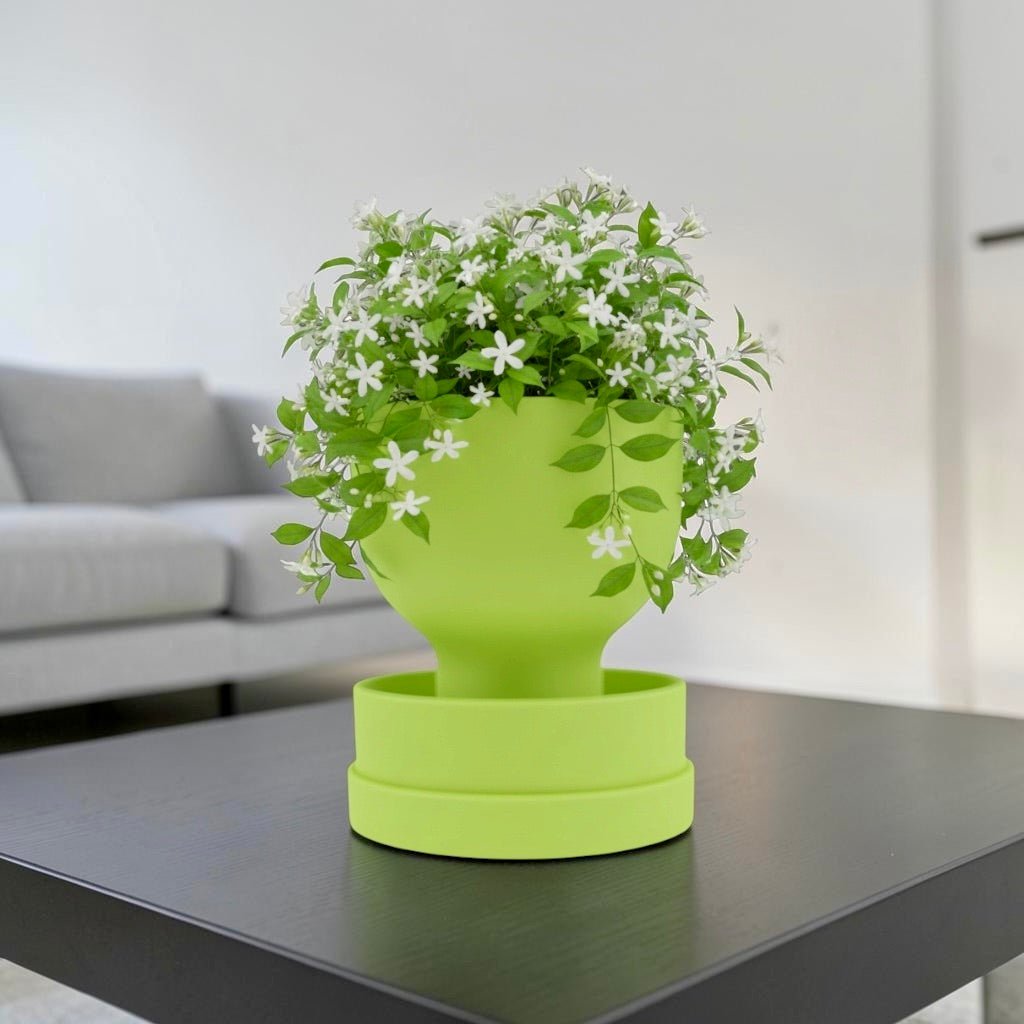 Lime Green self-watering planter with modern reservoir design by Pashmation