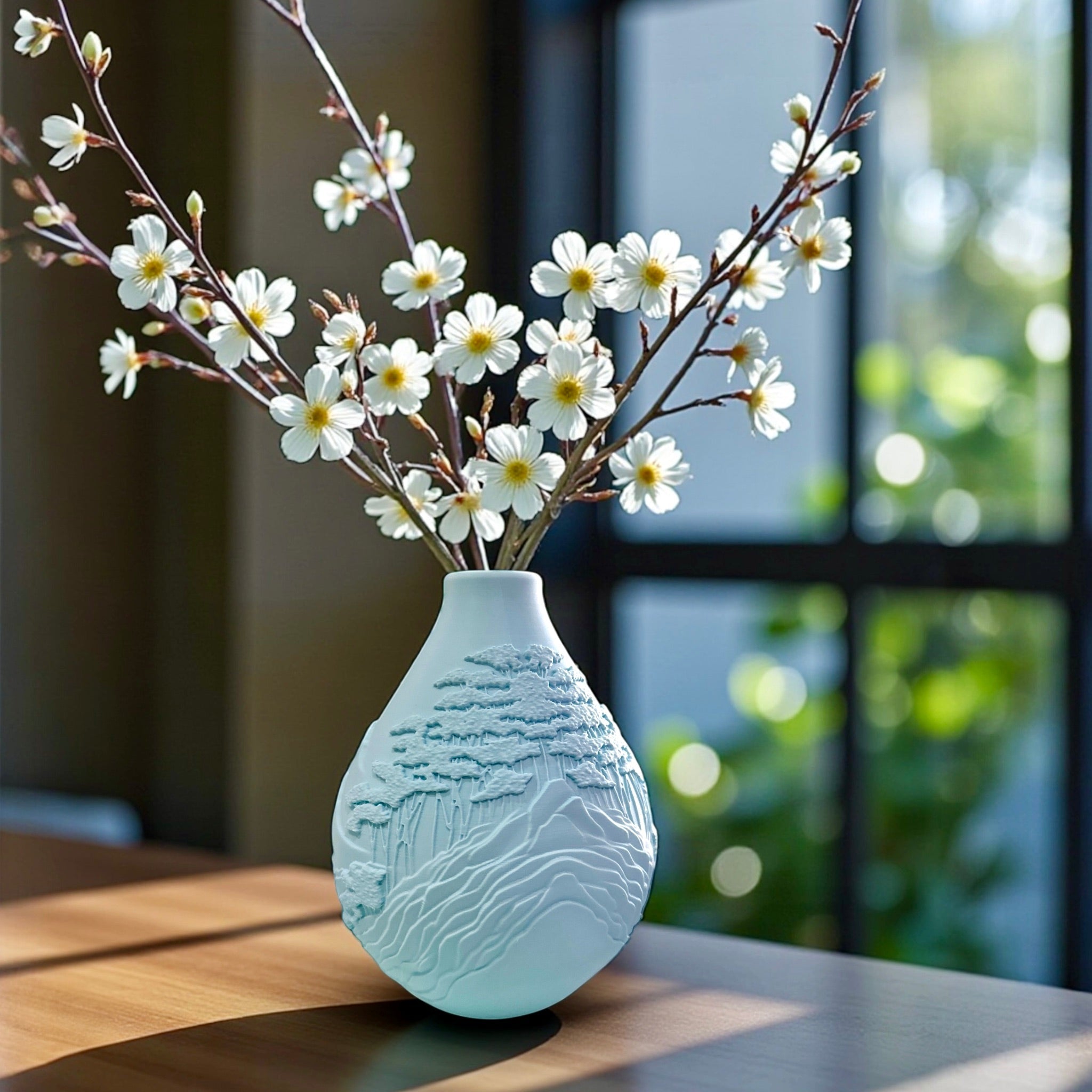 Ice Blue Mountain Peaks Vase with dried botanicals – sculptural relief decor
