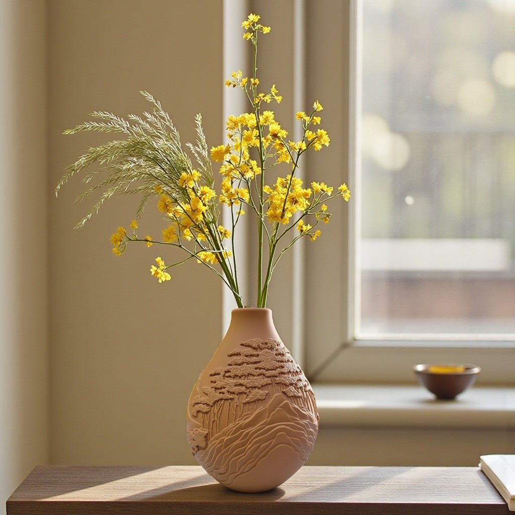 Dark Brown Mountain Peaks Vase with dried botanicals – sculptural relief decor