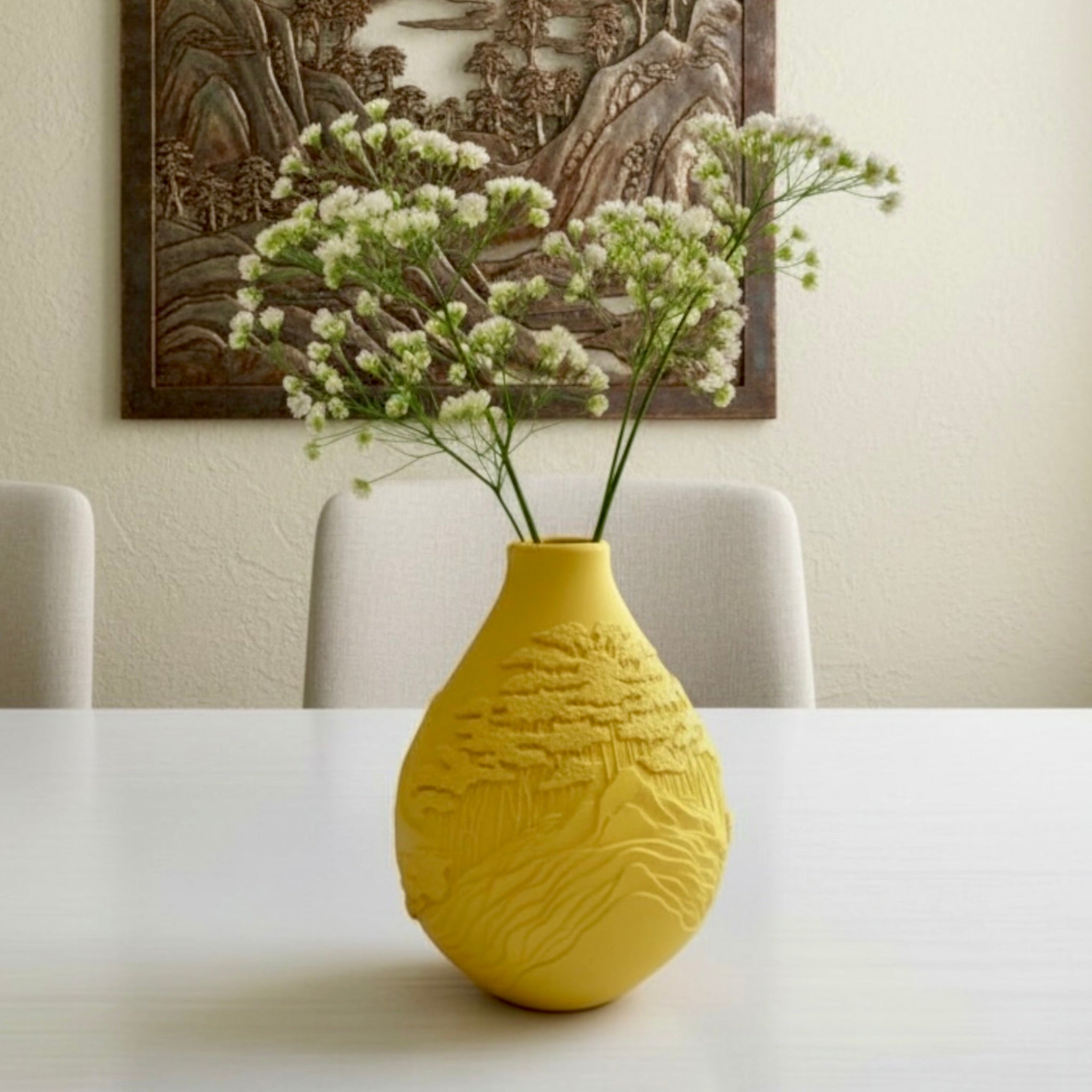 Lemon Yellow Mountain Peaks Vase with dried botanicals – sculptural relief decor