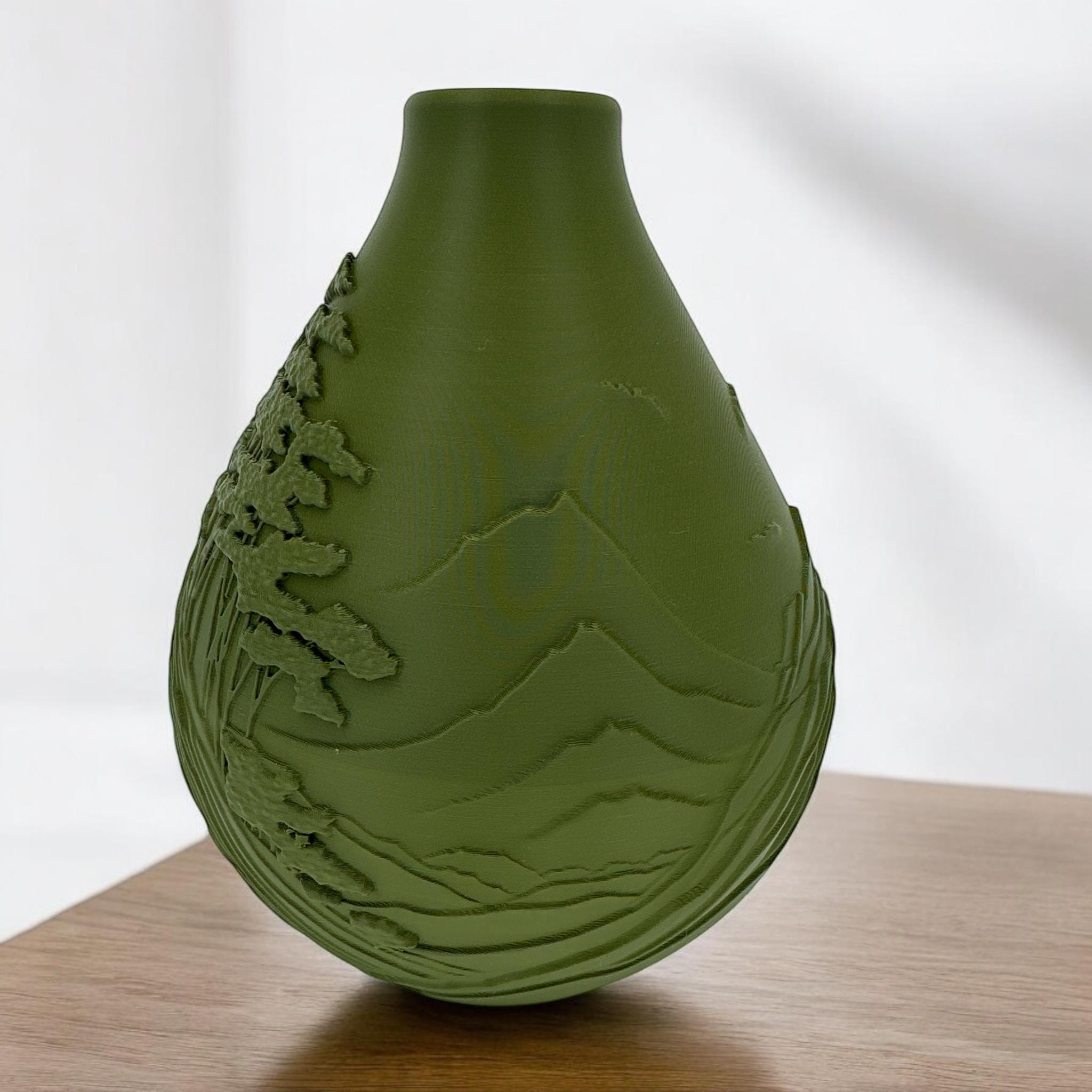 Dark Green Mountain Peaks Vase with dried botanicals – sculptural relief decor