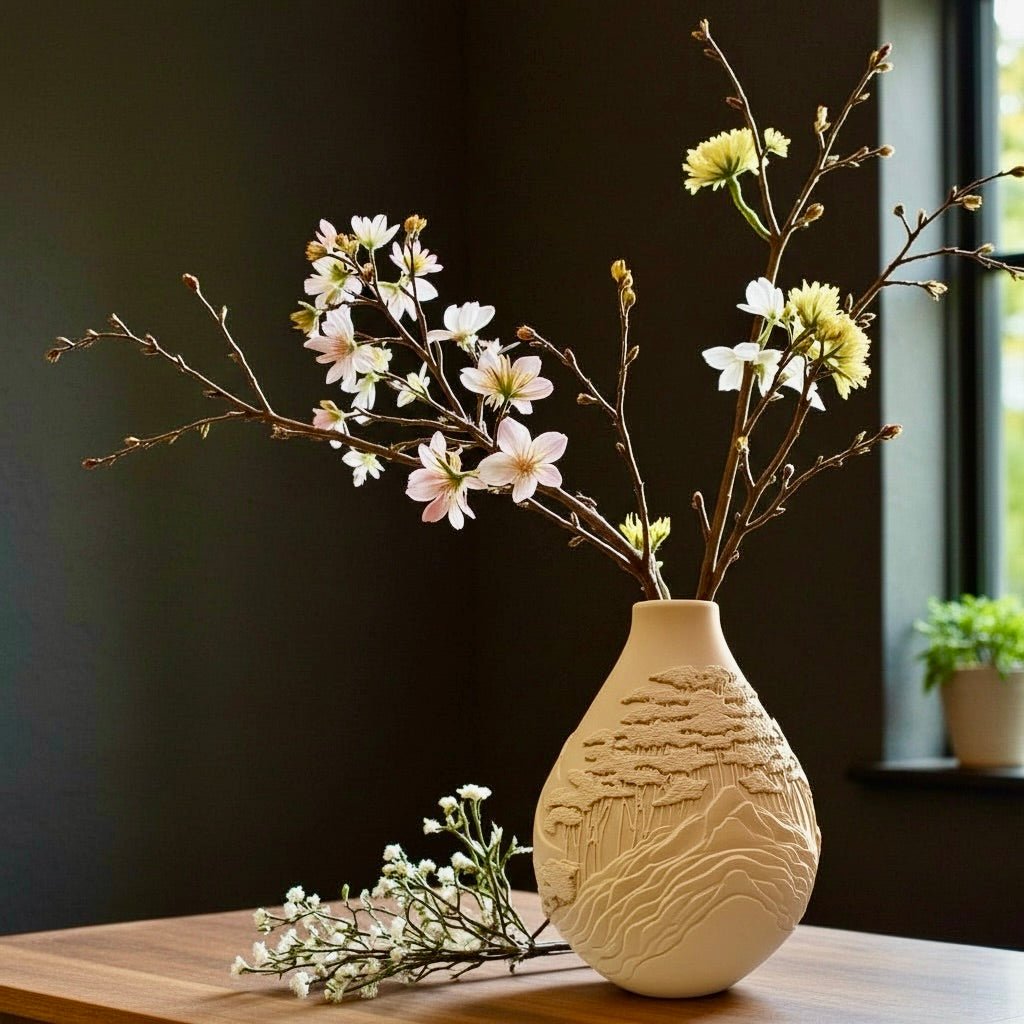 Dark Brown Mountain Peaks Vase with dried botanicals – sculptural relief decor