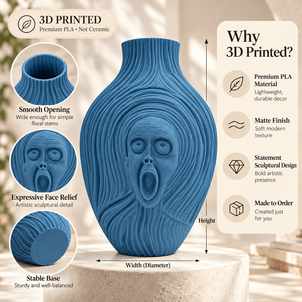 The Scream Vase: 3D Printed Edvard Munch Inspired Art, 9.5" by Pashmation