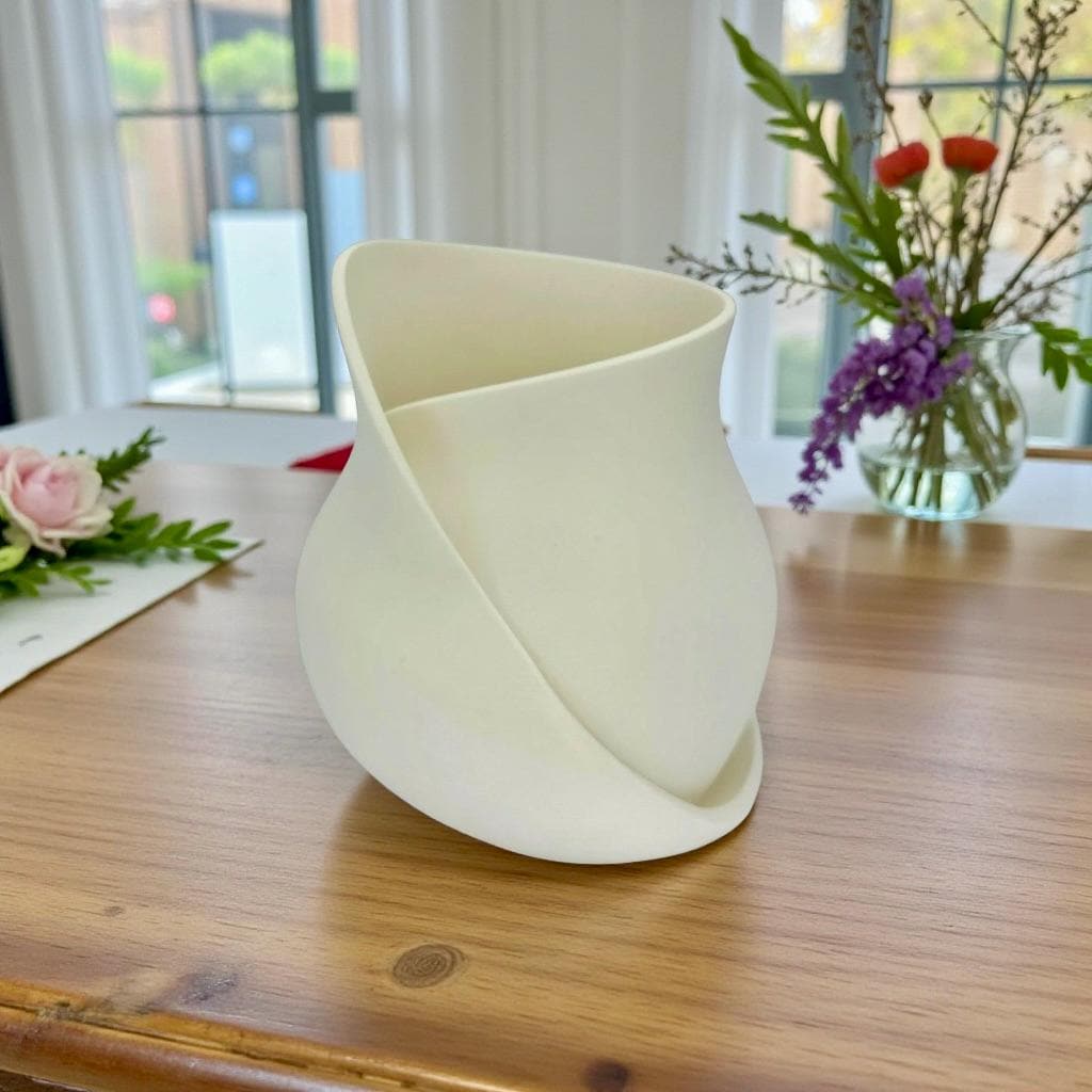 White twisted ribbon vase close-up with curved texture by Pashmation