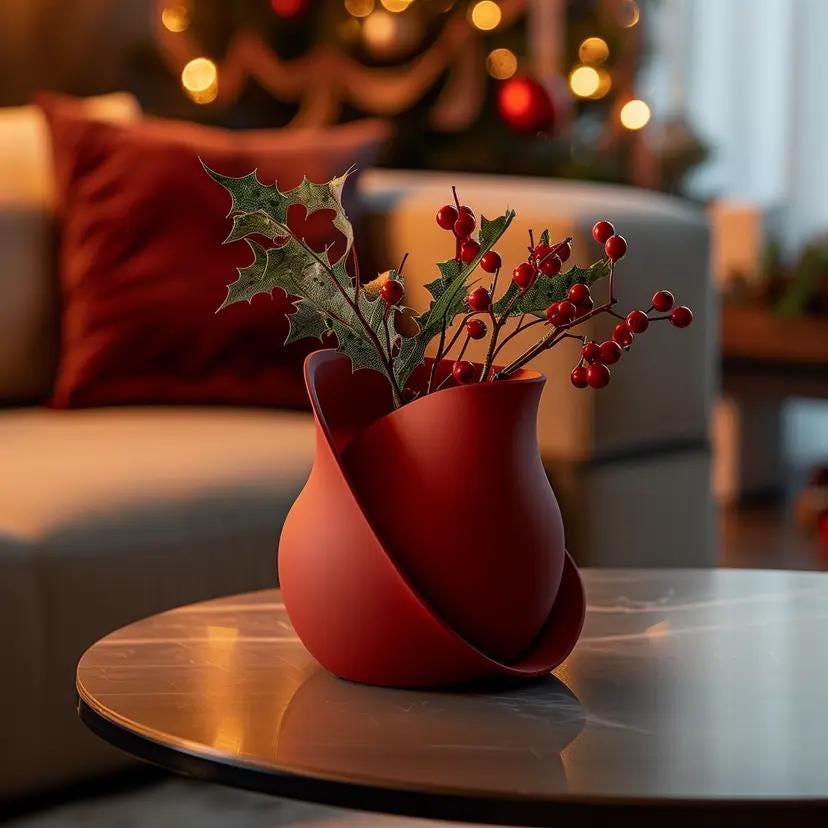 Red twisted ribbon vase close-up with curved texture by Pashmation