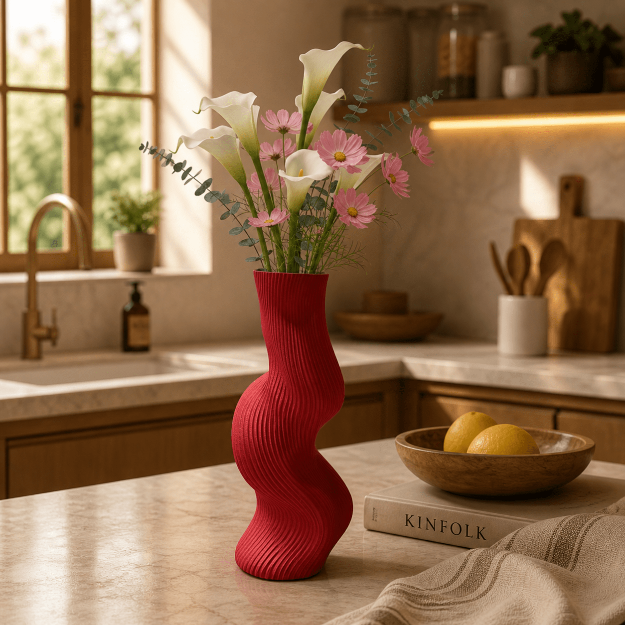 Red Uzoo Tanasul Vase styled on tall stand – sculptural wave centerpiece