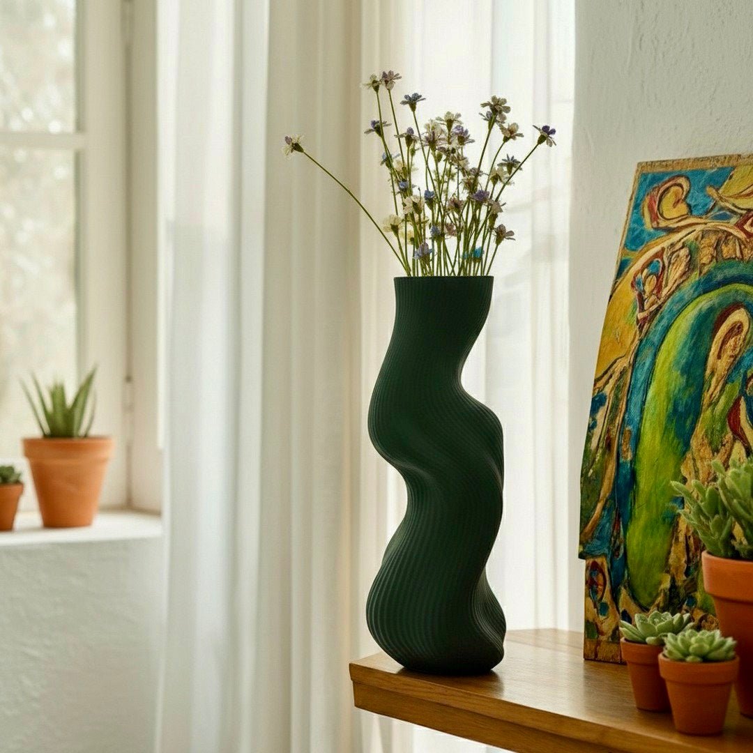 Dark Green Uzoo Tanasul Vase – undulating sculptural wave centerpiece