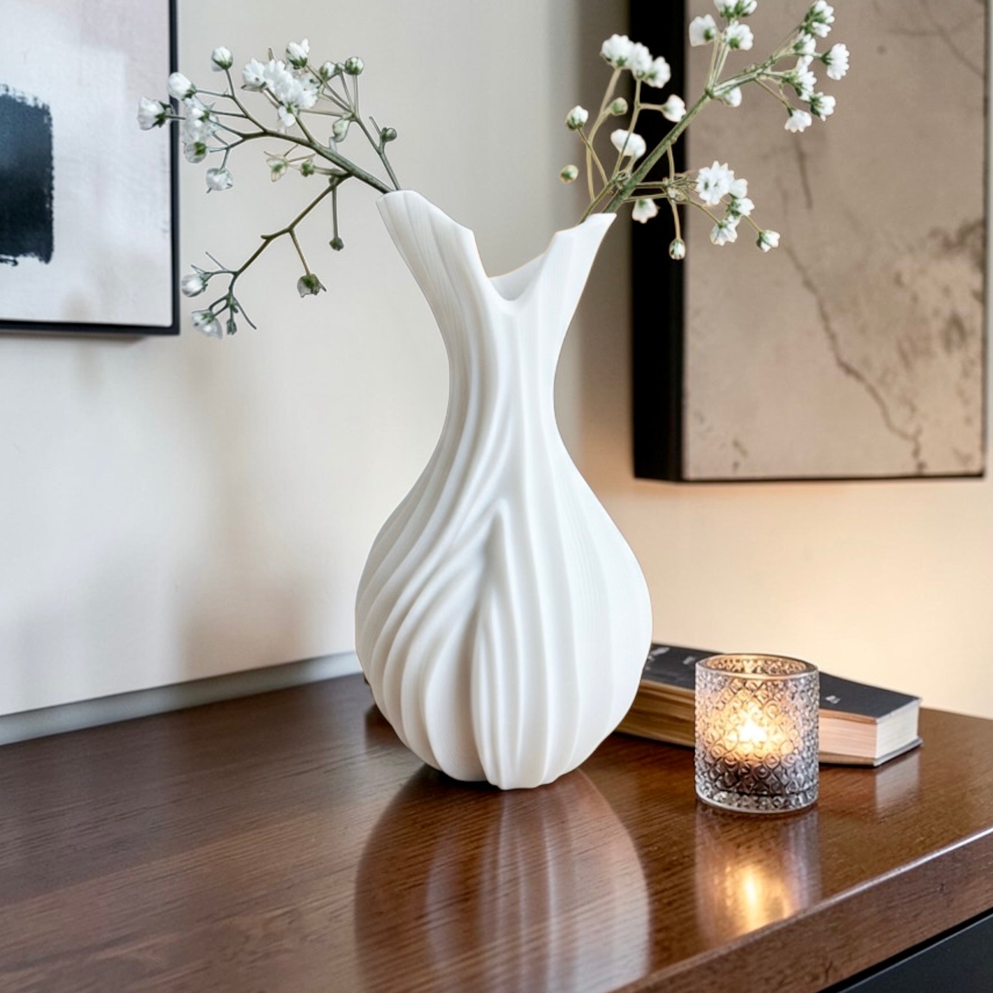 White Verdant Flow Vase – tall sculptural organic decor centerpiece