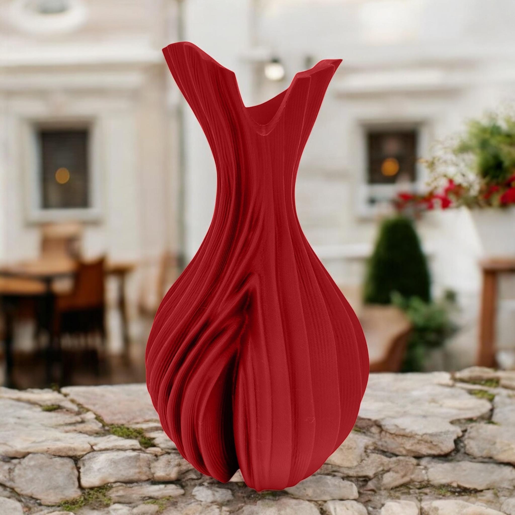 Red Verdant Flow Vase – tall sculptural organic decor centerpiece