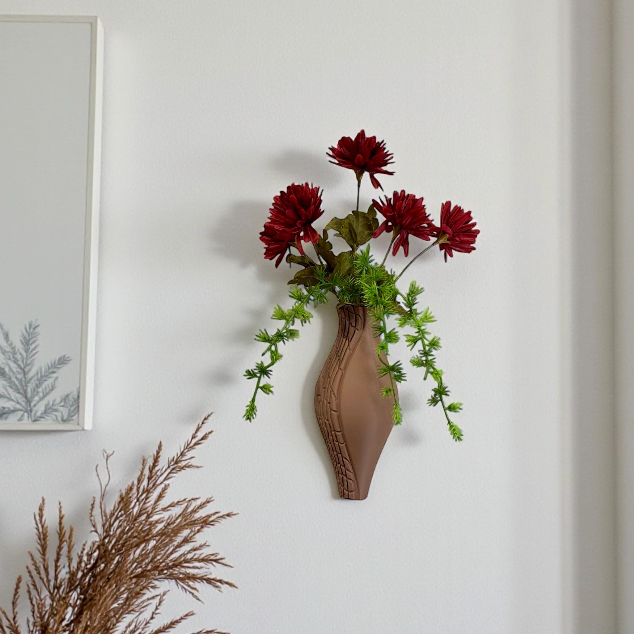Organic wall vase with red florals – wall-mounted sculptural decor