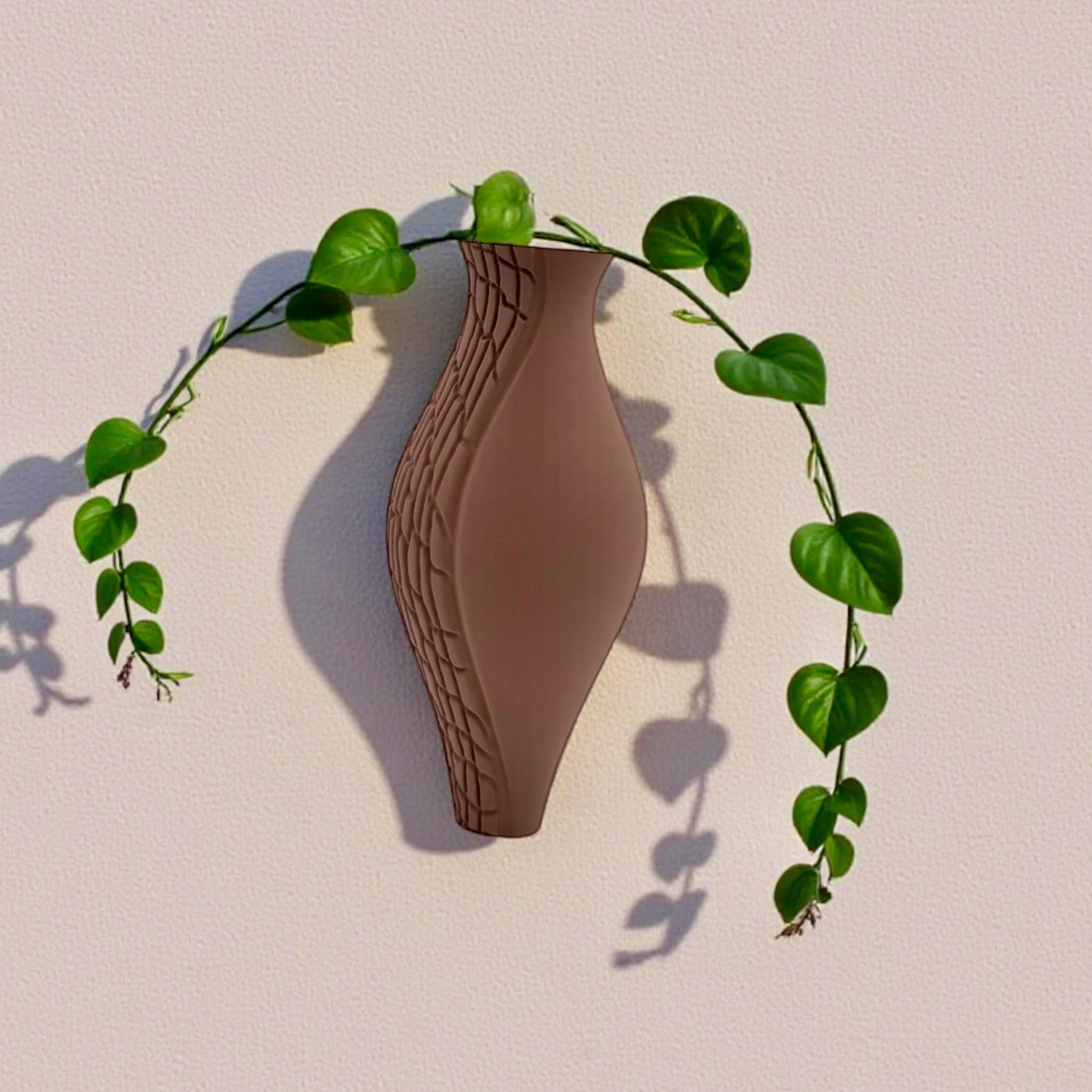 Brown organic wall vase with trailing vine – wall sculptural decor
