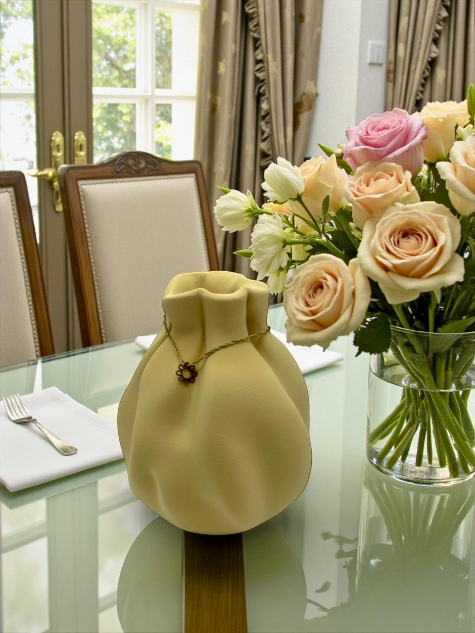 Cinched Wave Vase top detail – hand-tied cord and gathered draped surface