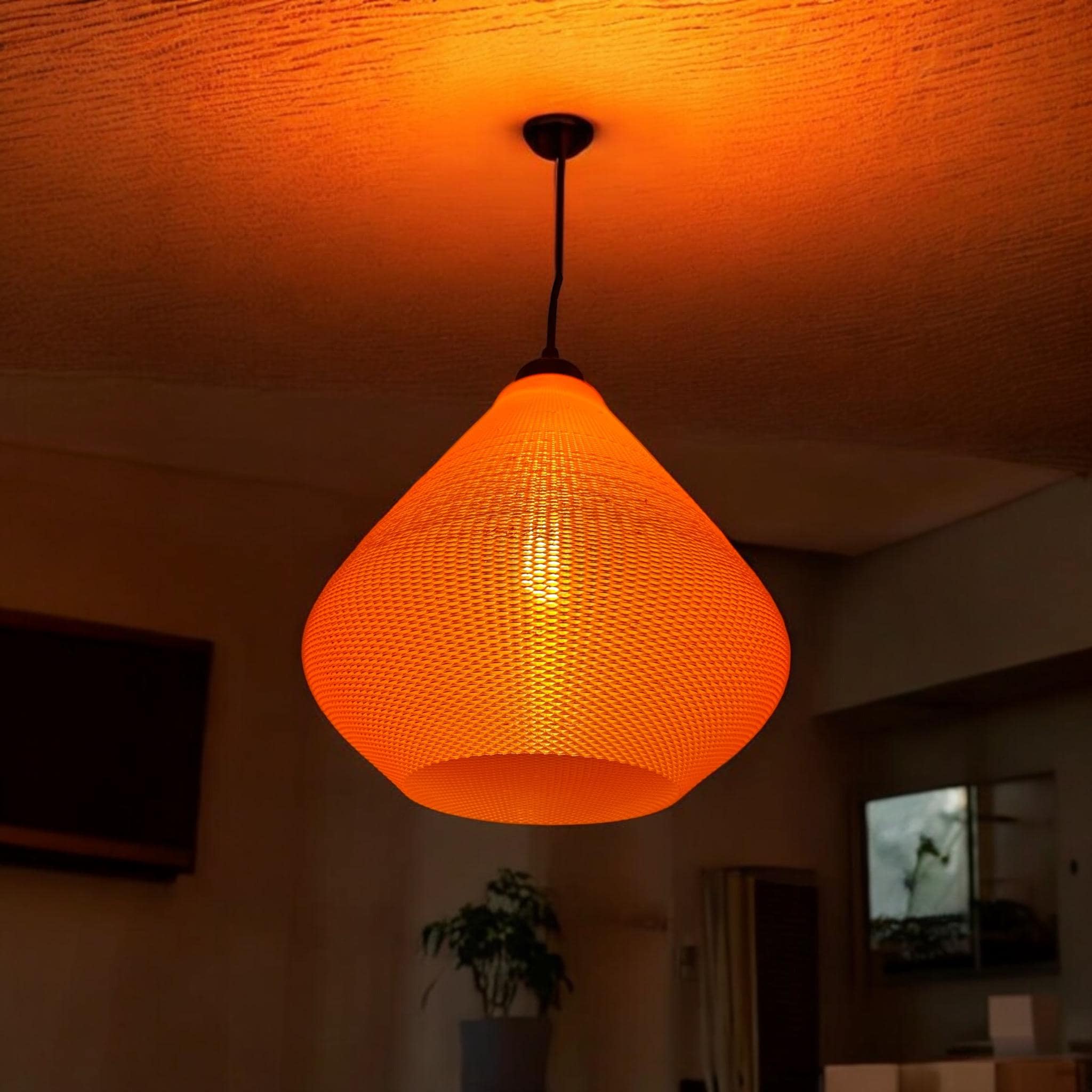 Woven Pendant Light styled in dim ambient interior – modern textured ceiling lamp