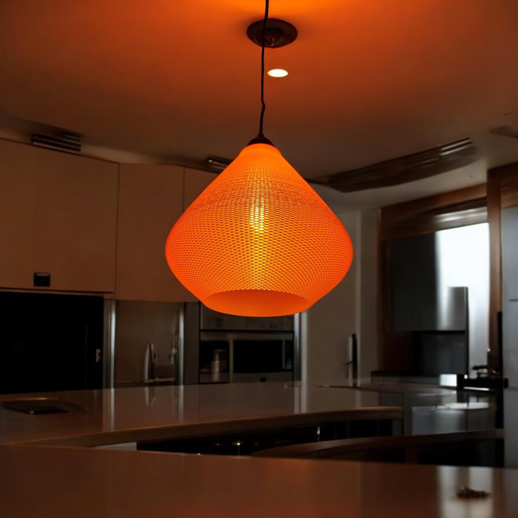 Orange Woven Pendant Light in warm modern interior – conical woven lamp shade