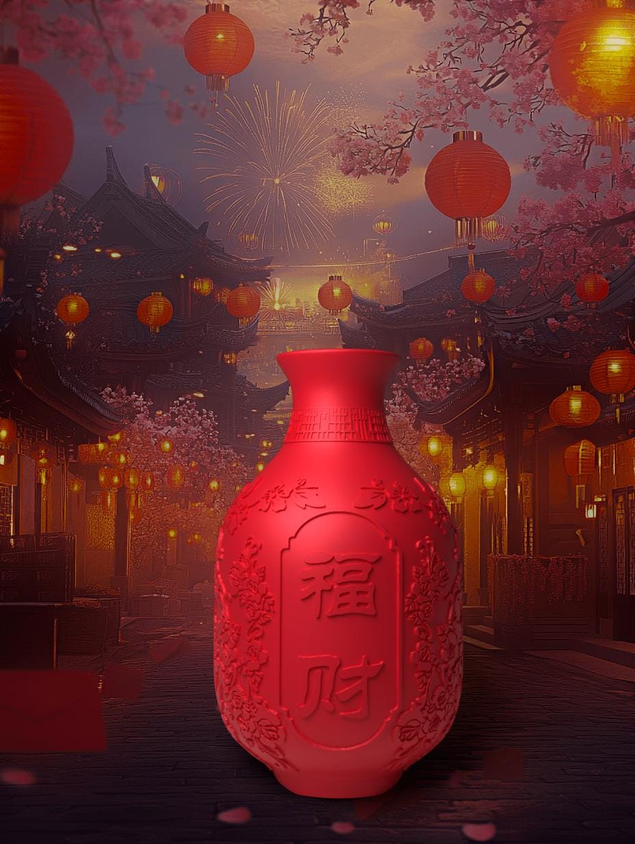 3D Printed Lunar New Year Vase: Red Festive Decor with 福 & 财 - PashmationVases