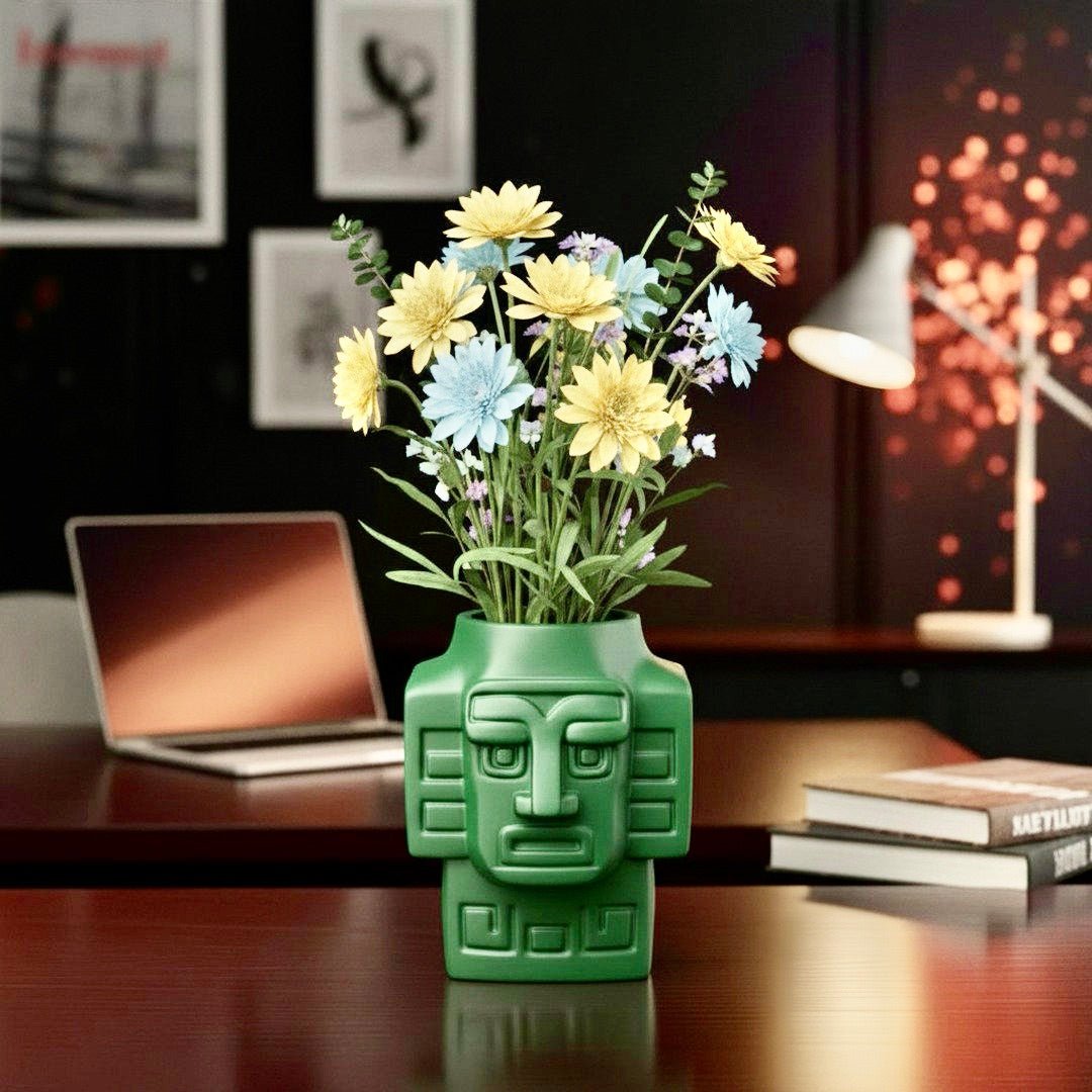 3D Printed Totem Face Vase Modern Tribal Decor Eco - Friendly PLA Contemporary Centerpiece - Pashmation